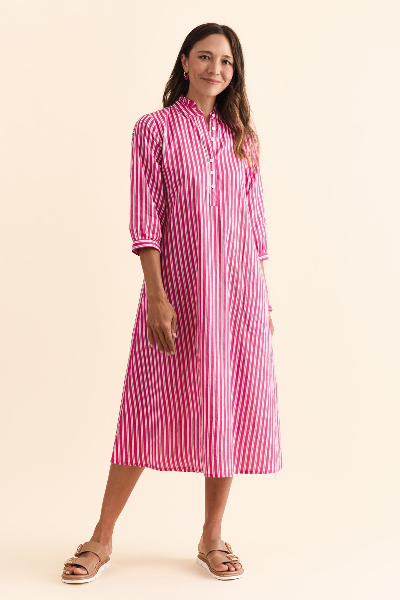 Clive Pink Stripe Cotton Dress Front View 2