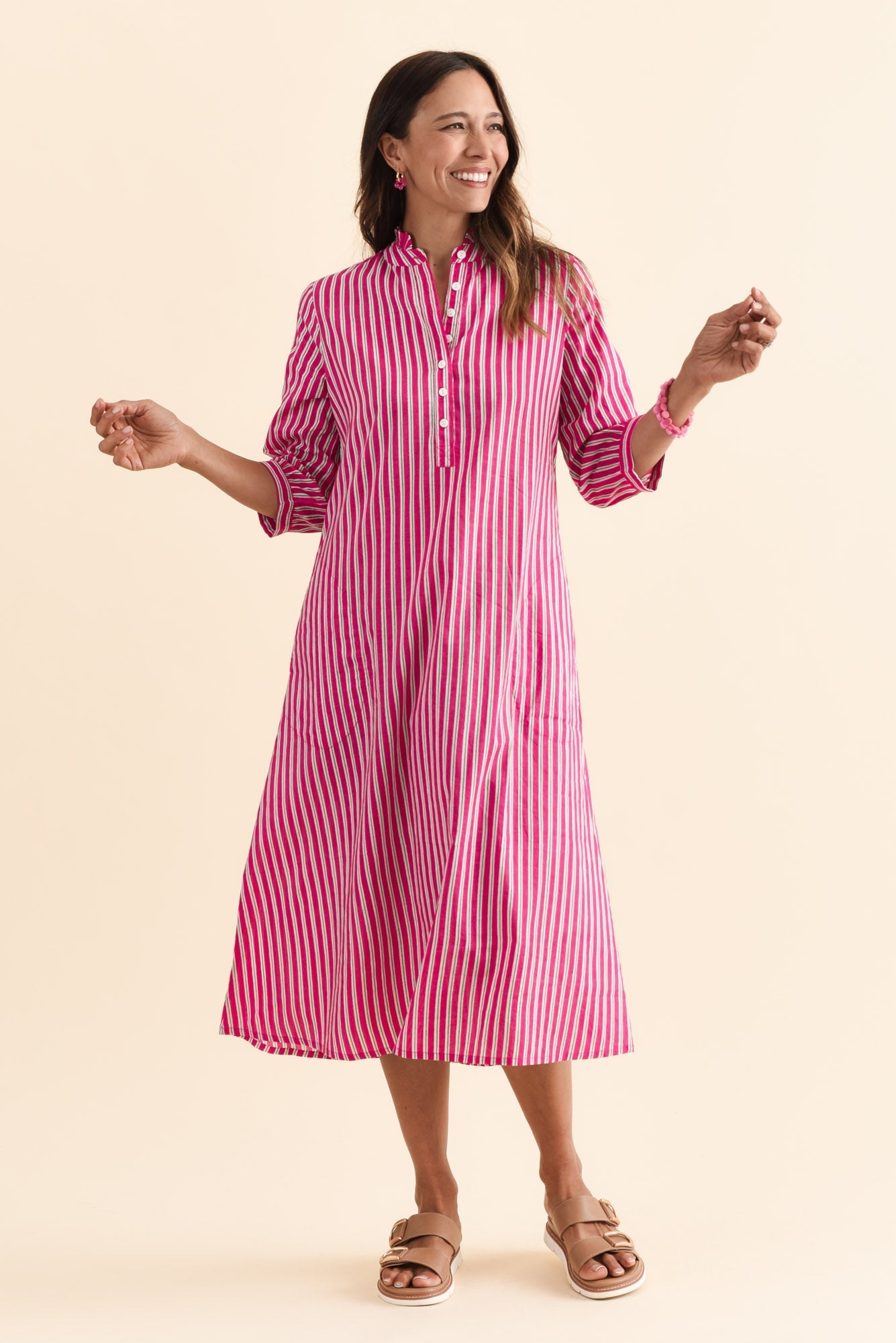 Clive Pink Stripe Cotton Dress Front View