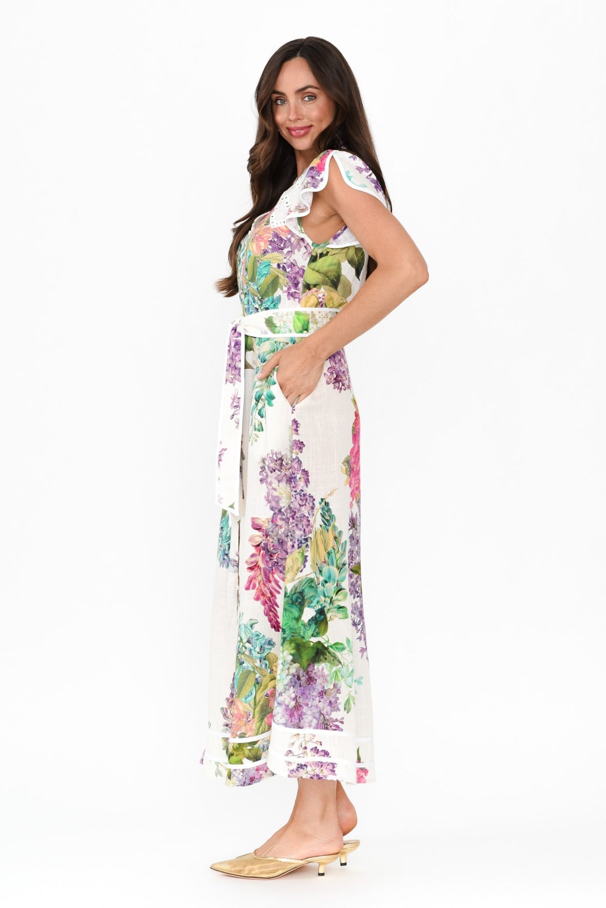 Cristina Wisteria Alba Linen Blend Dress Side View