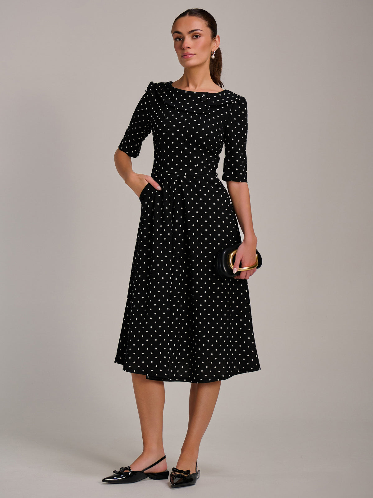 Printed Scuba Fold Collar Midi Dress Front View
