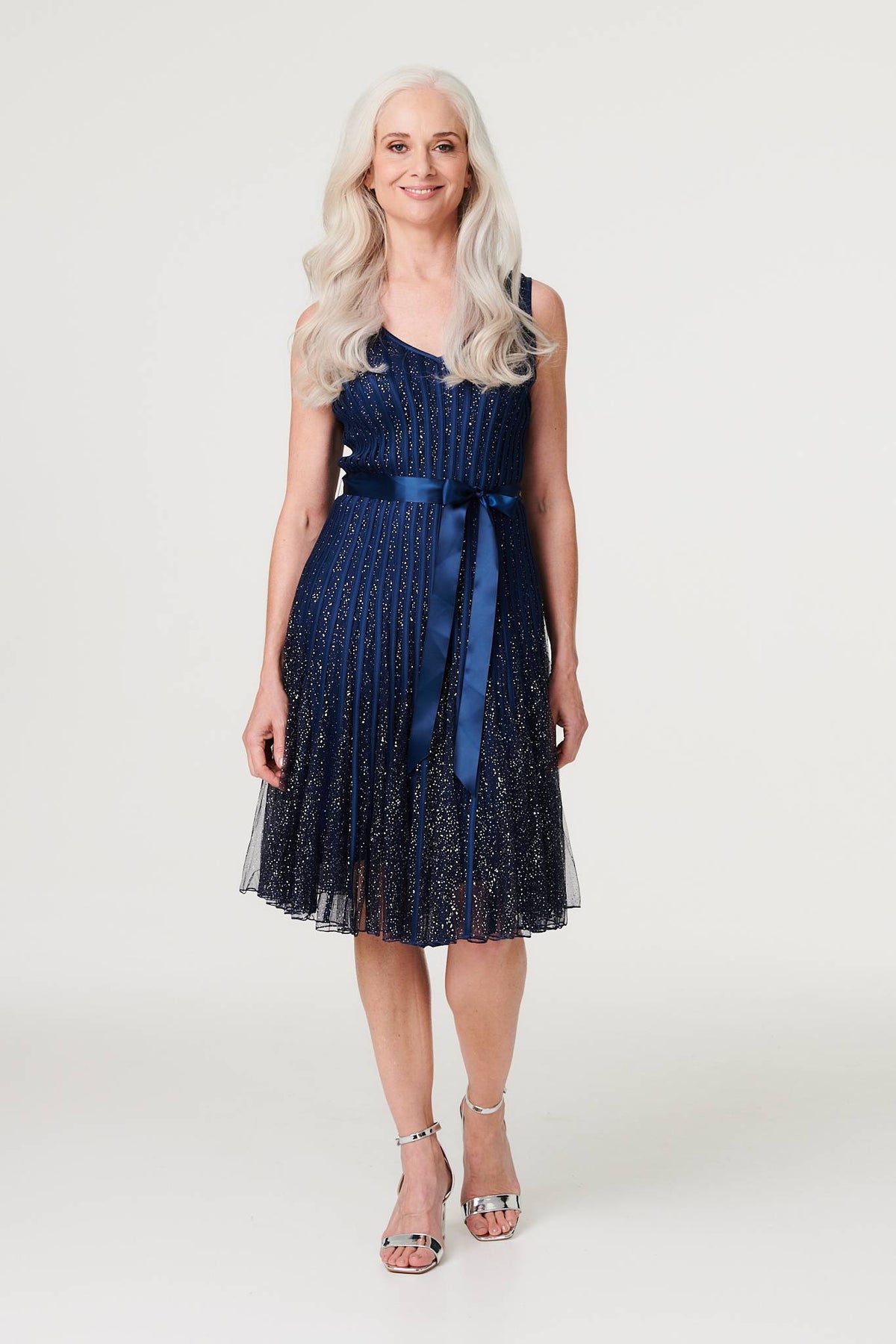 Sequin Sleeveless Tie Waist Dress Front View