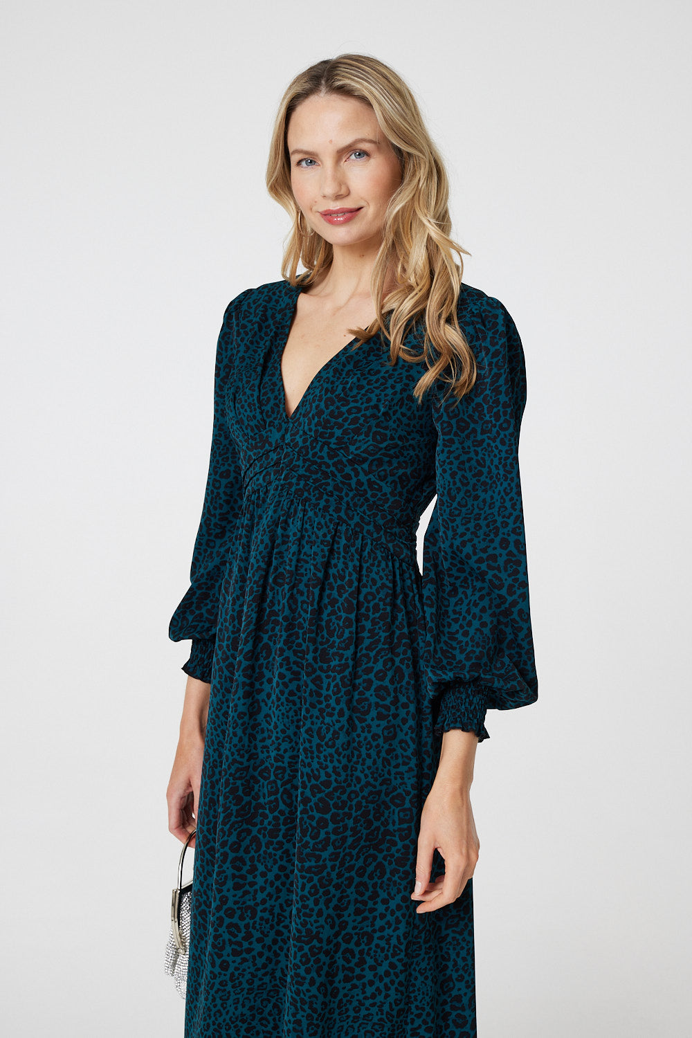 Animal Print Long Puff Sleeve Midi Dress Styled View