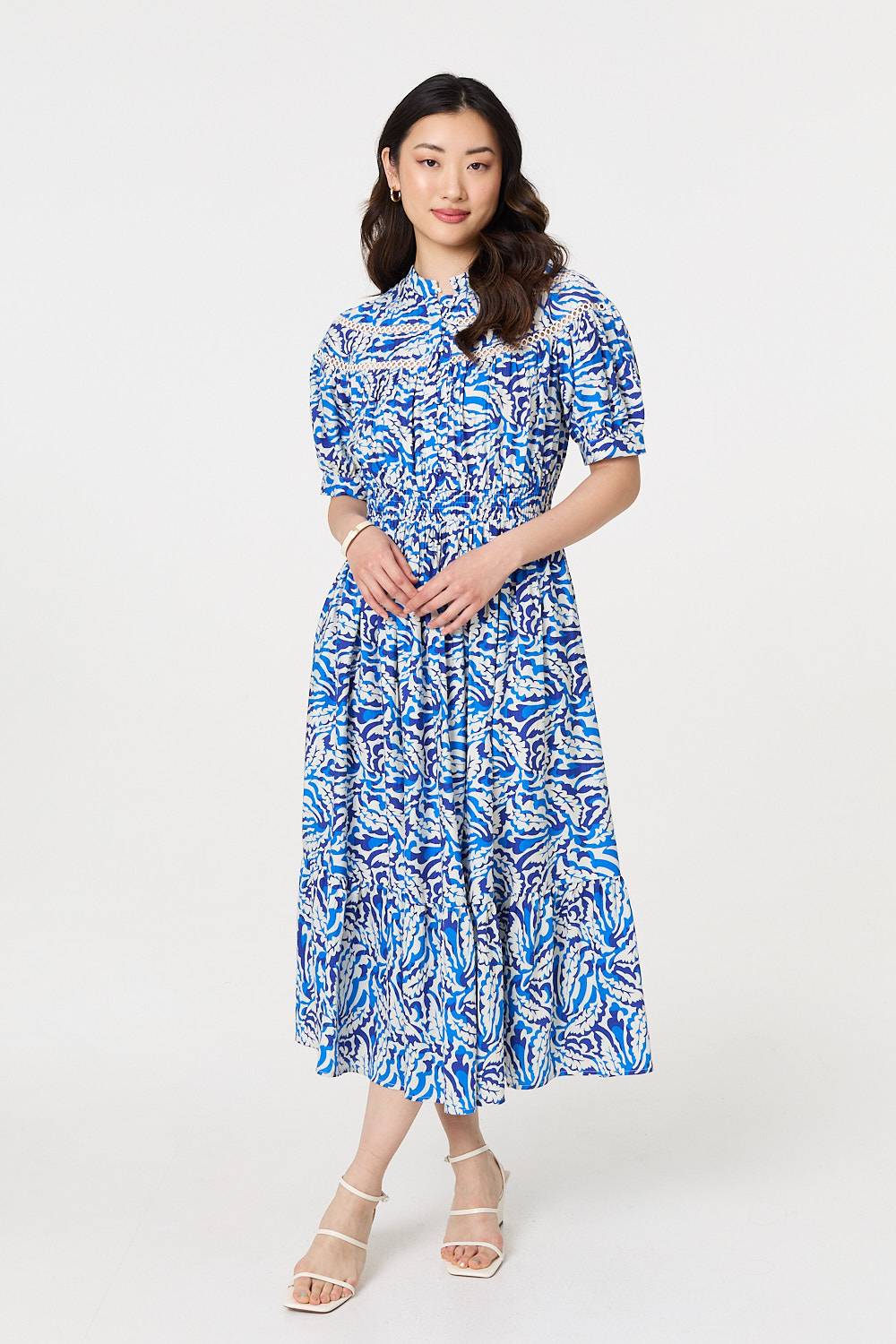 Leaf Print 1/2 Sleeve Midi Shirt Dress Full Length View