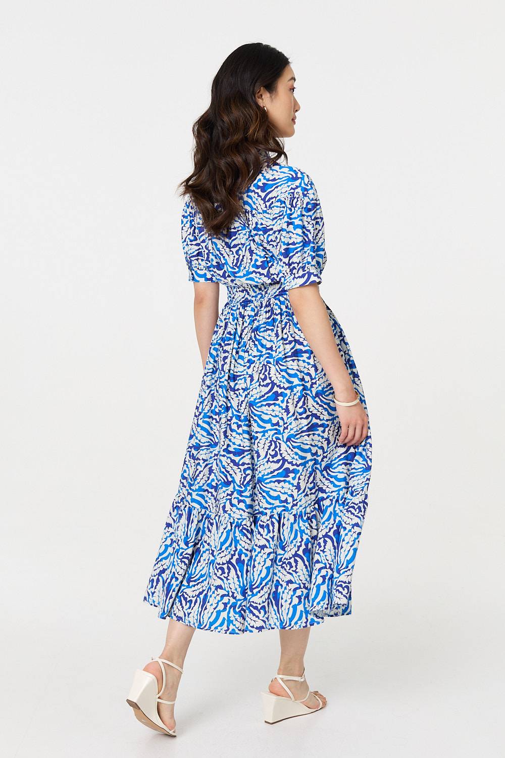 Leaf Print 1/2 Sleeve Midi Shirt Dress Side View
