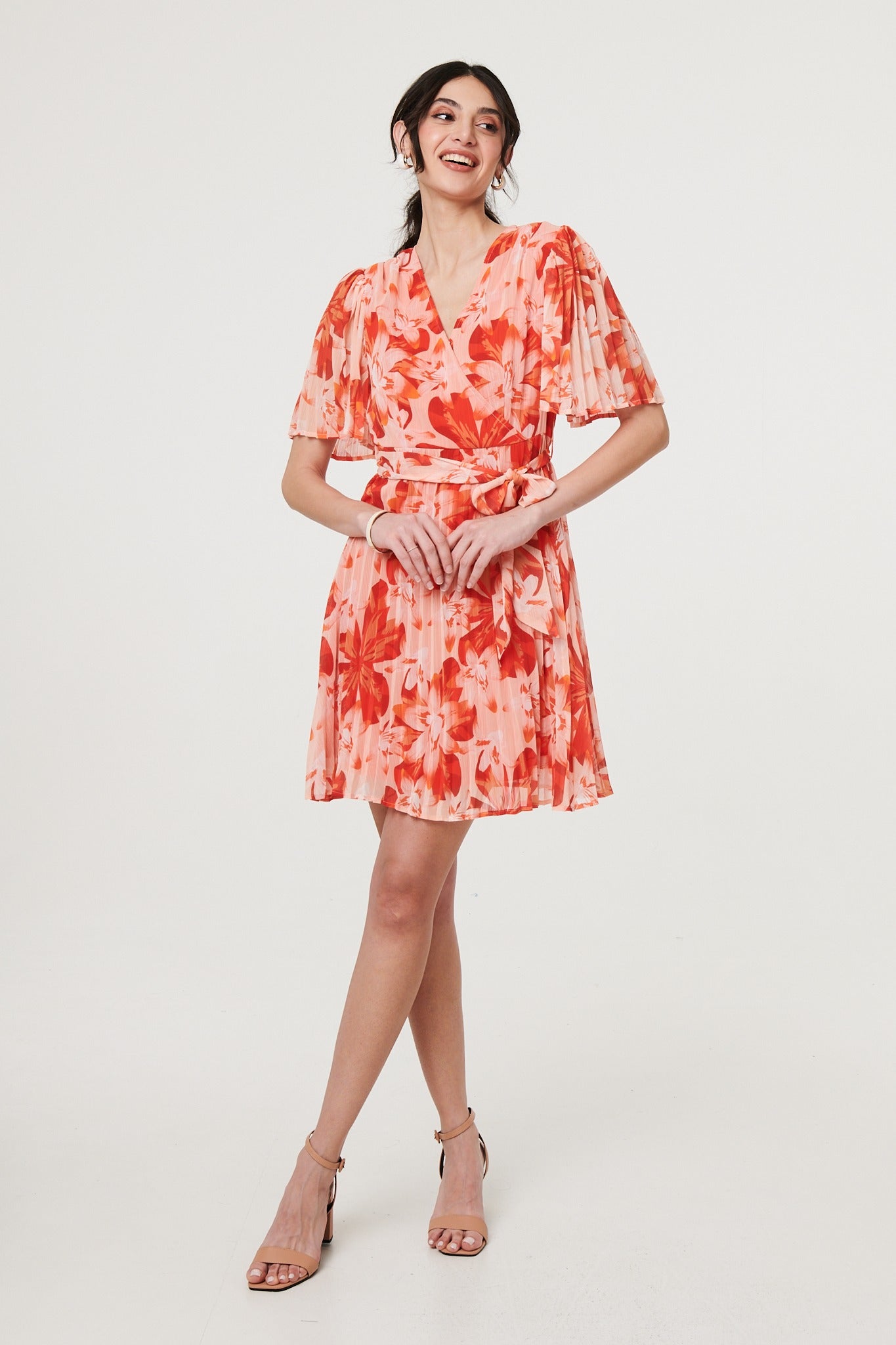 Floral Pleated Angel Sleeve Mini Dress Full Length View