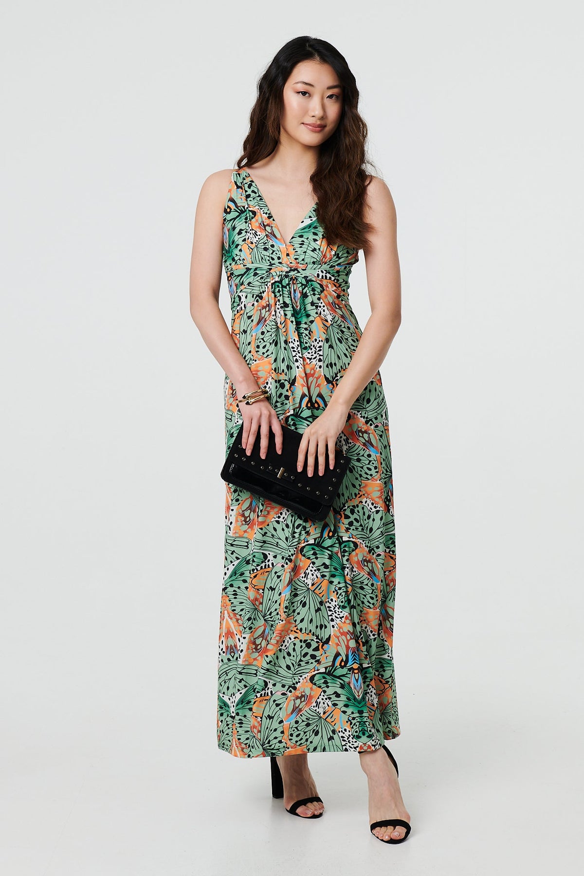 Butterfly Print V-Neck Empire Maxi Dress Full Length View