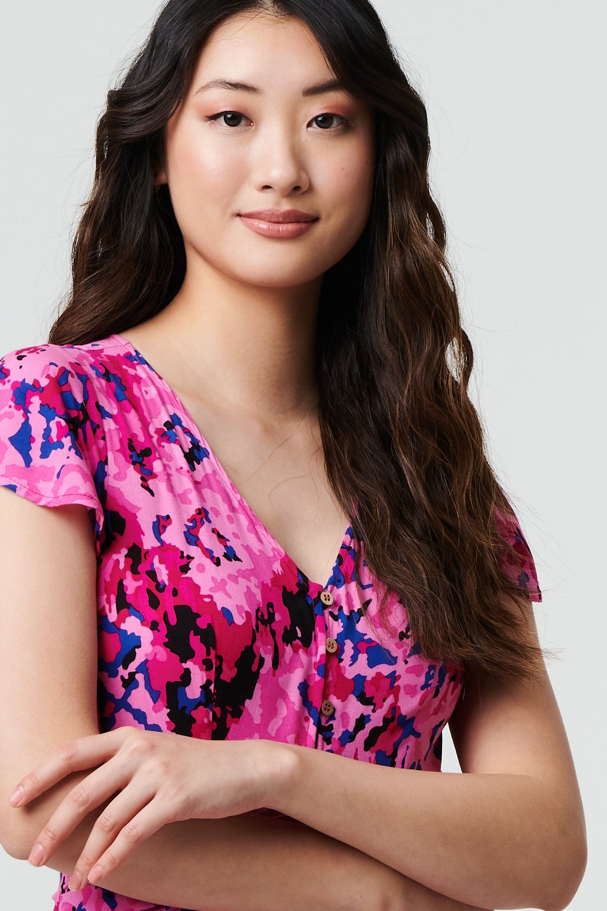 Abstract Ruched Waist Cap Sleeve Maxi Dress Detail View