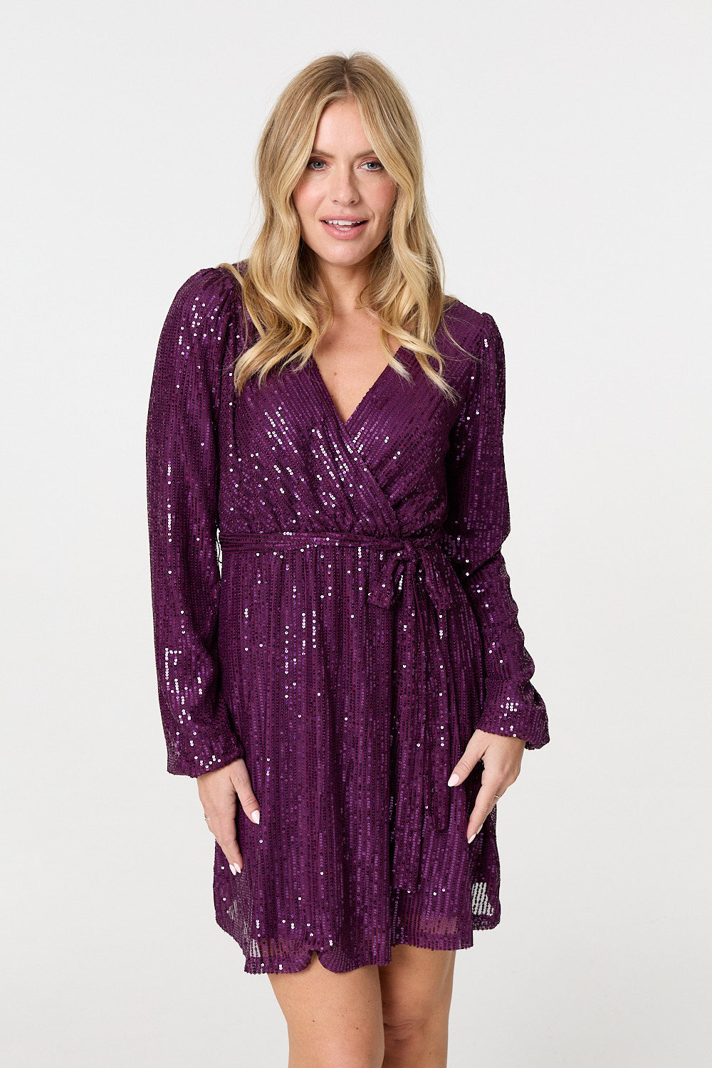 Sparkly Sequin Long Sleeve Mini Wrap Dress Detail View 2