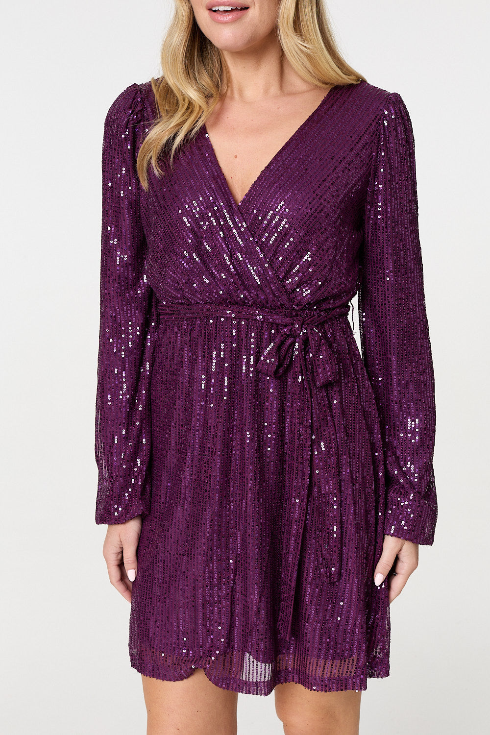 Sparkly Sequin Long Sleeve Mini Wrap Dress Styled View 2