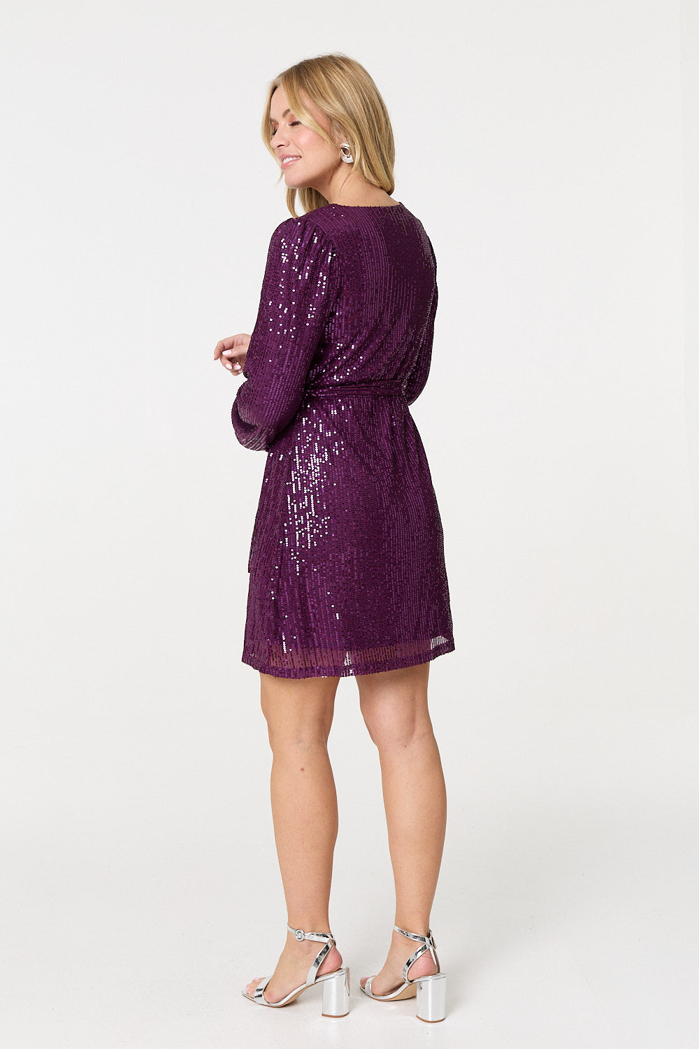 Sparkly Sequin Long Sleeve Mini Wrap Dress Side View 2