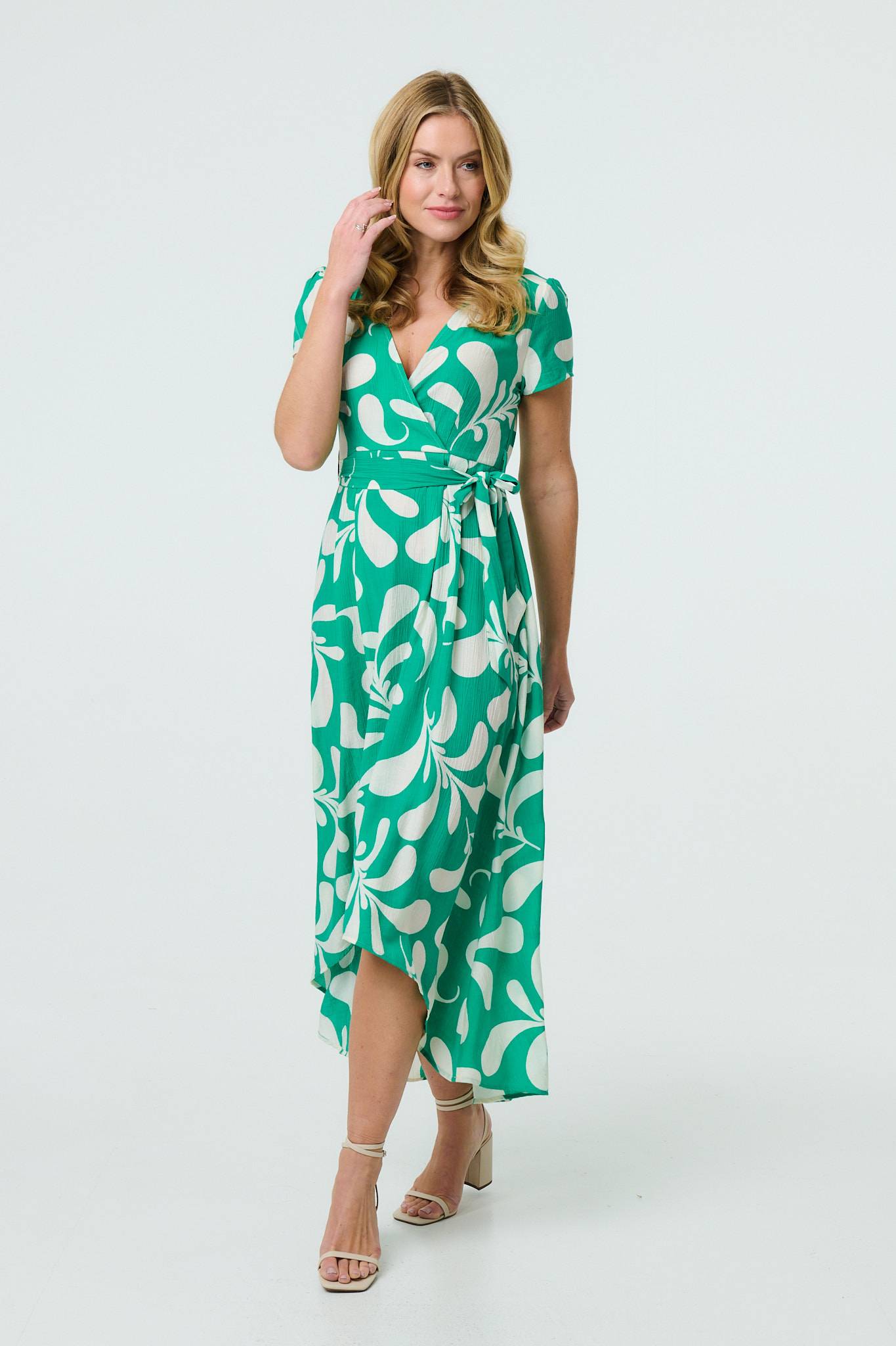 Printed Tie Waist Split Hem Midi Dress Front View 2