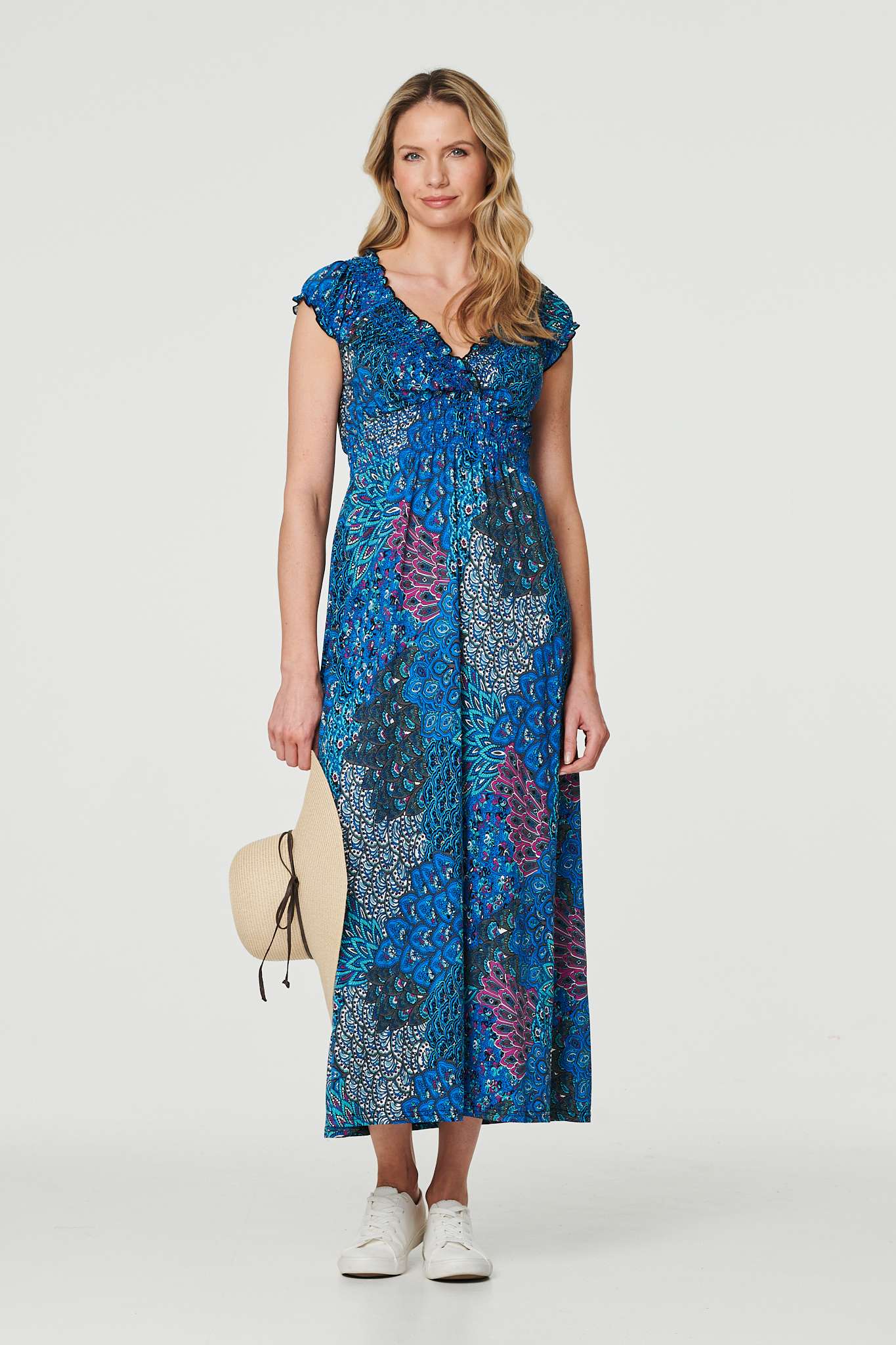 Peacock Print V-Neck Maxi Dress Full Length View