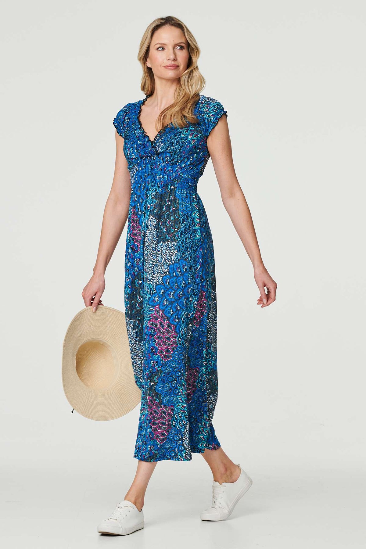 Peacock Print V-Neck Maxi Dress Full Length View 2