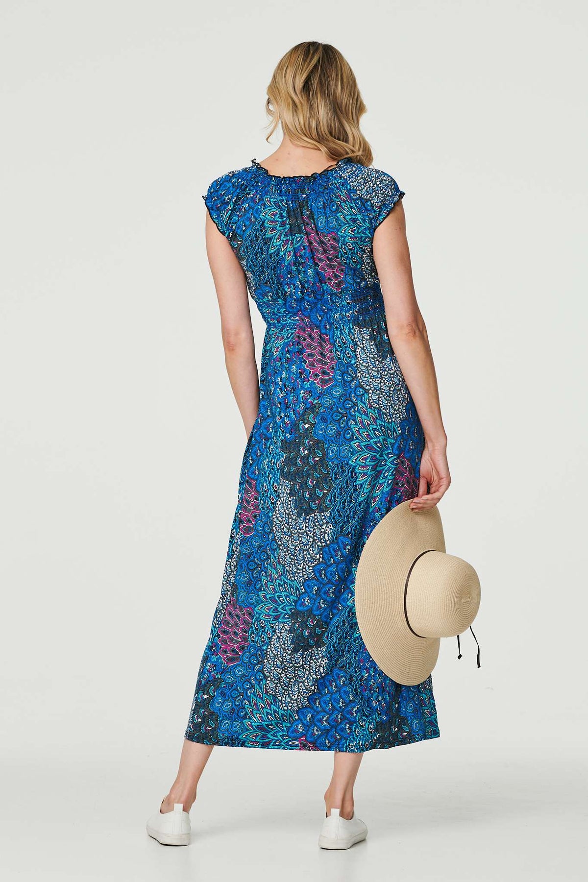 Peacock Print V-Neck Maxi Dress Front View 3