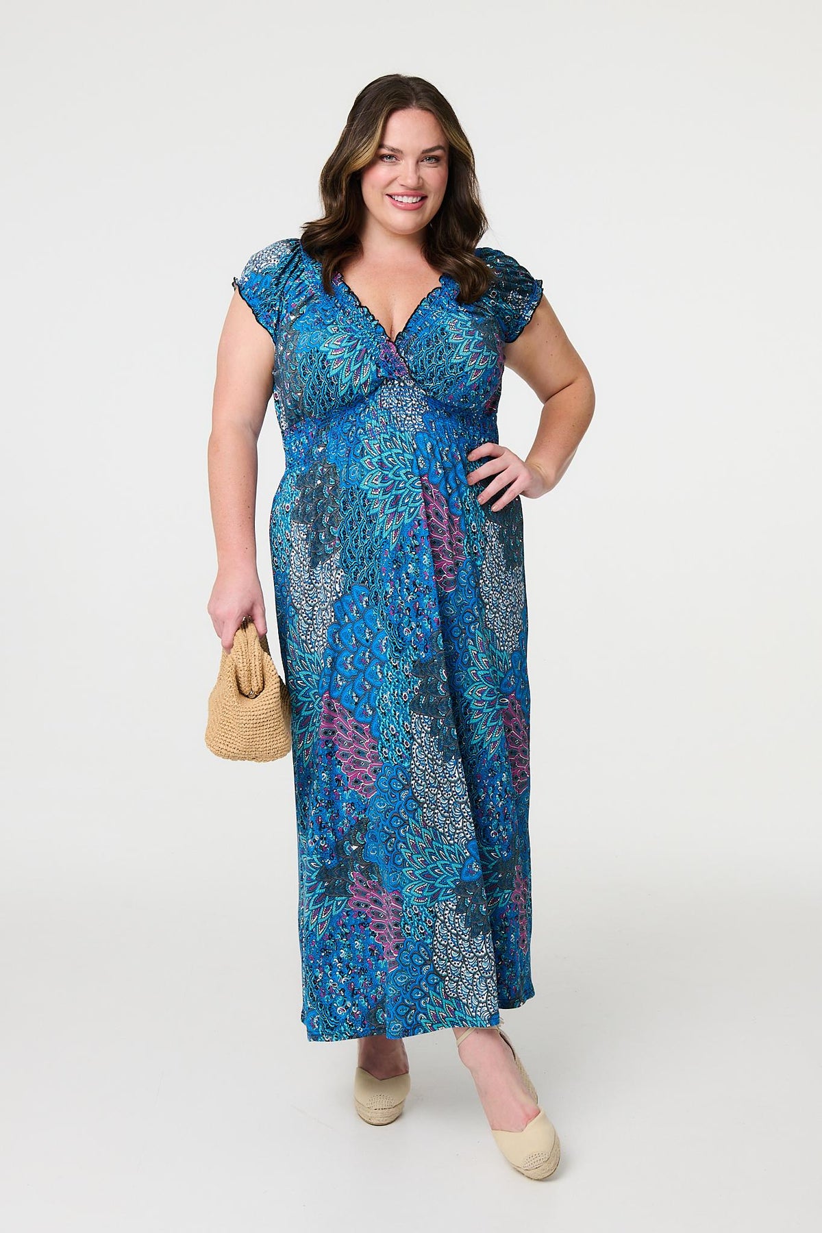 Peacock Print V-Neck Maxi Dress Front View