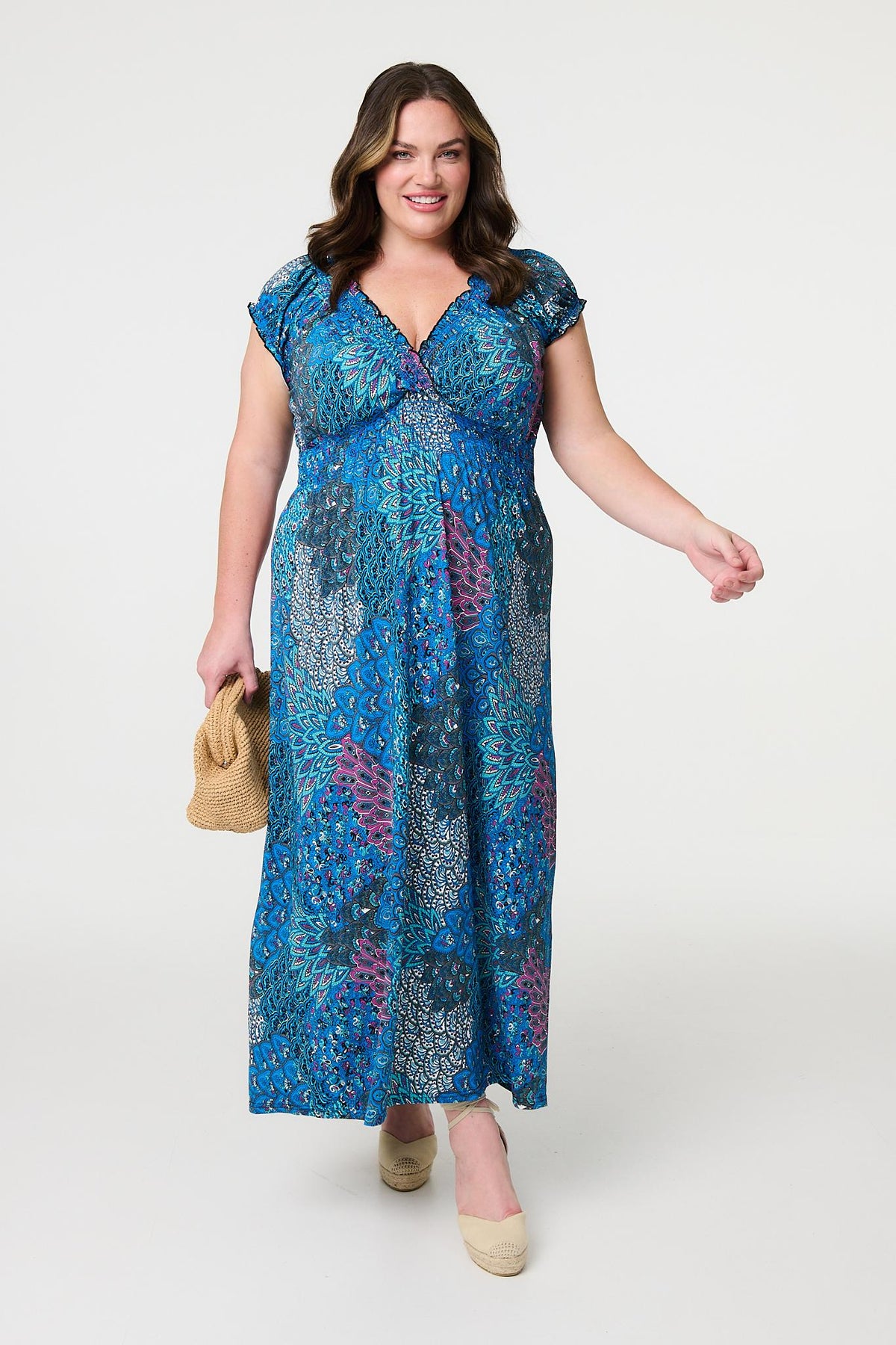 Peacock Print V-Neck Maxi Dress Back View 3