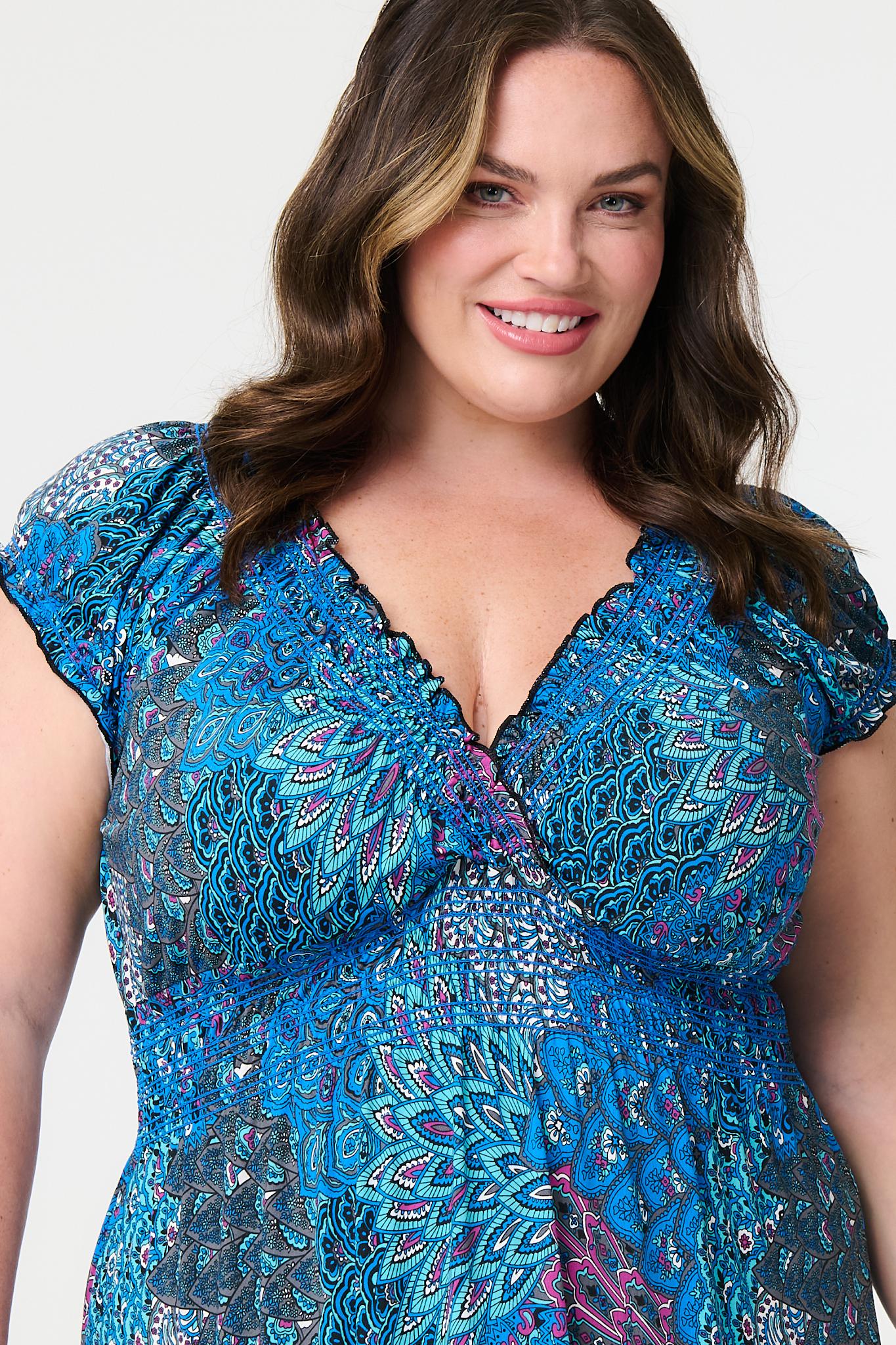 Peacock Print V-Neck Maxi Dress Styled View