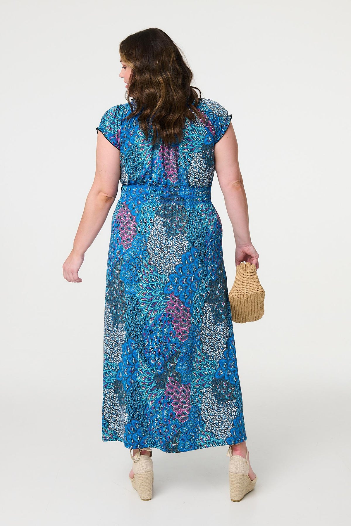 Peacock Print V-Neck Maxi Dress Side View 3