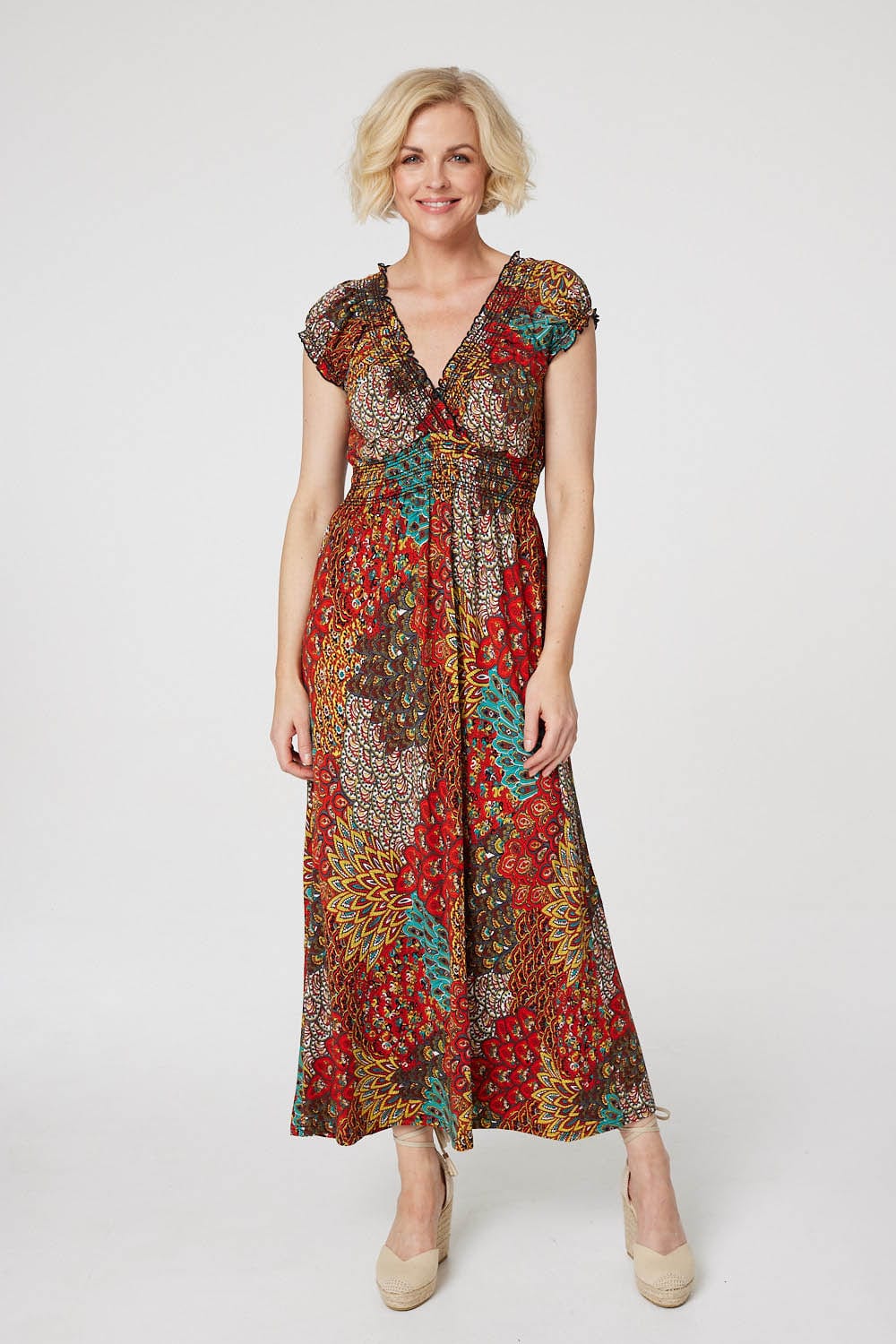 Peacock Print V-Neck Maxi Dress Back View 2
