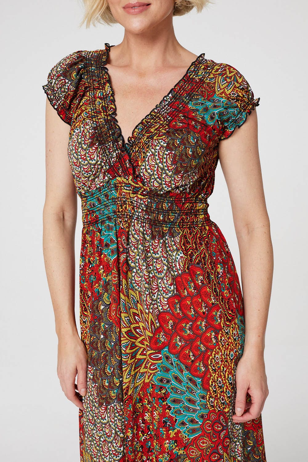 Peacock Print V-Neck Maxi Dress Full Length View 3