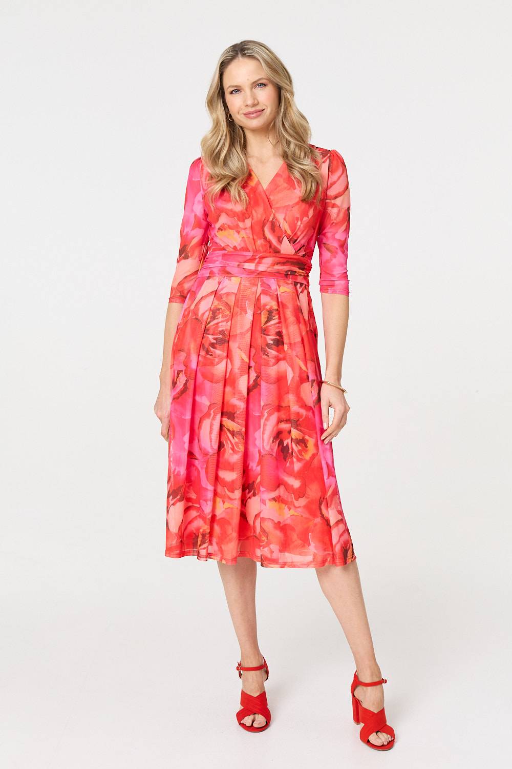 Floral Mesh Ruched Midi Faux Wrap Dress Back View