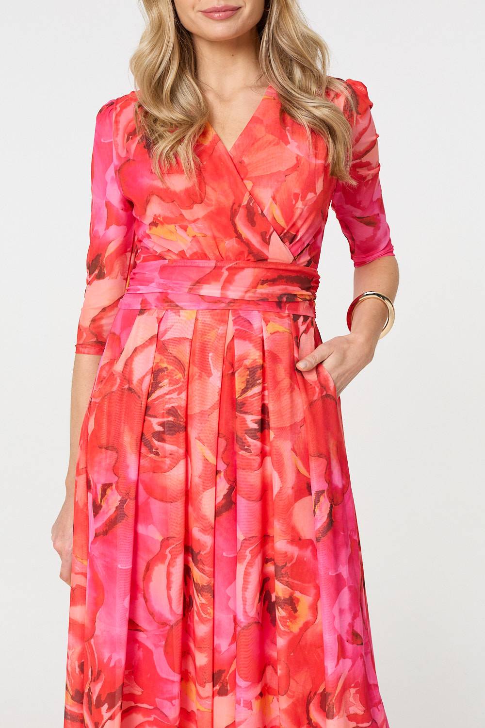 Floral Mesh Ruched Midi Faux Wrap Dress Detail View