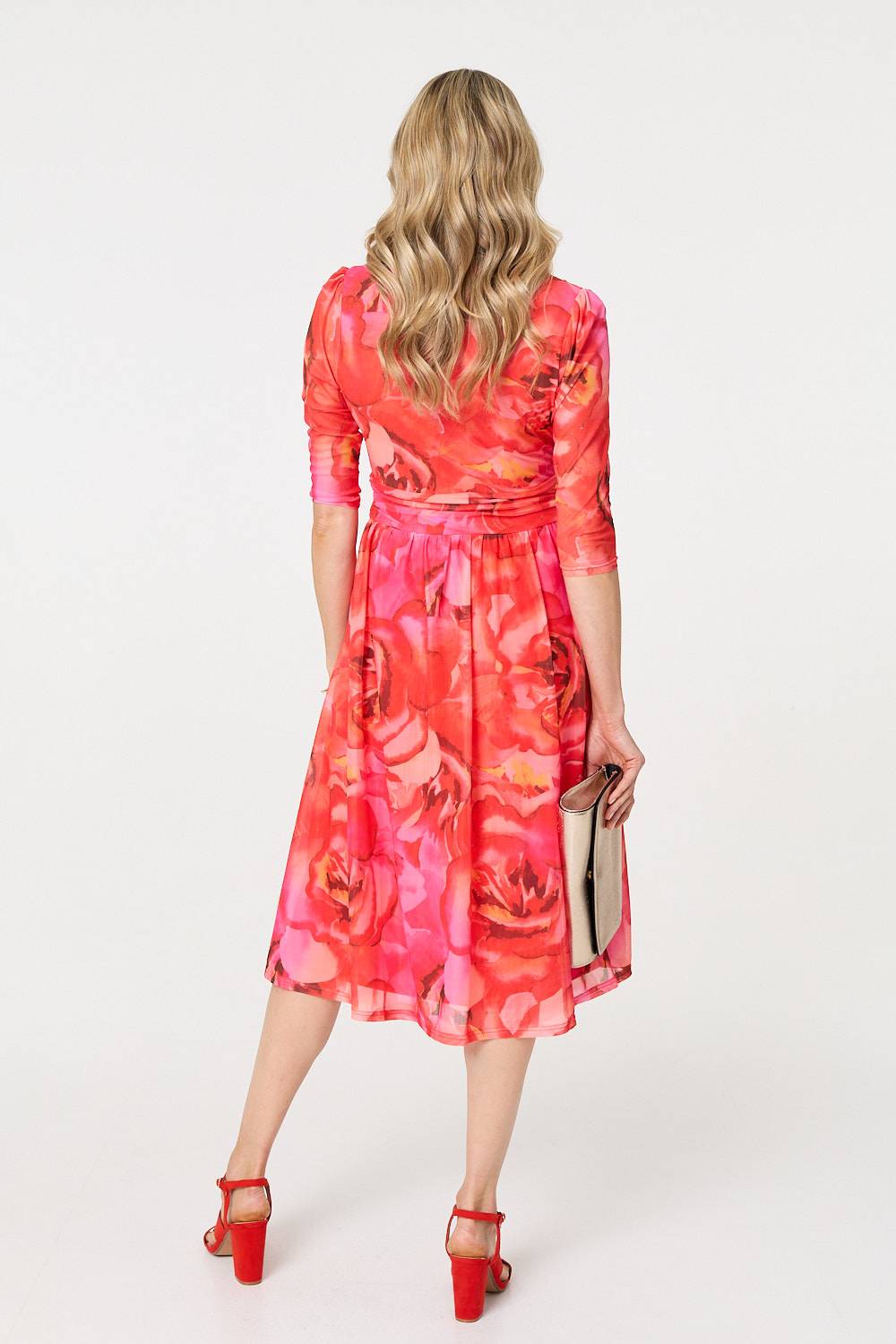 Floral Mesh Ruched Midi Faux Wrap Dress Side View