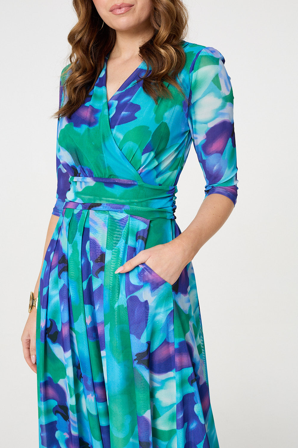 Printed Short Sleeve Pleated Wrap Midi Dress Full Length View