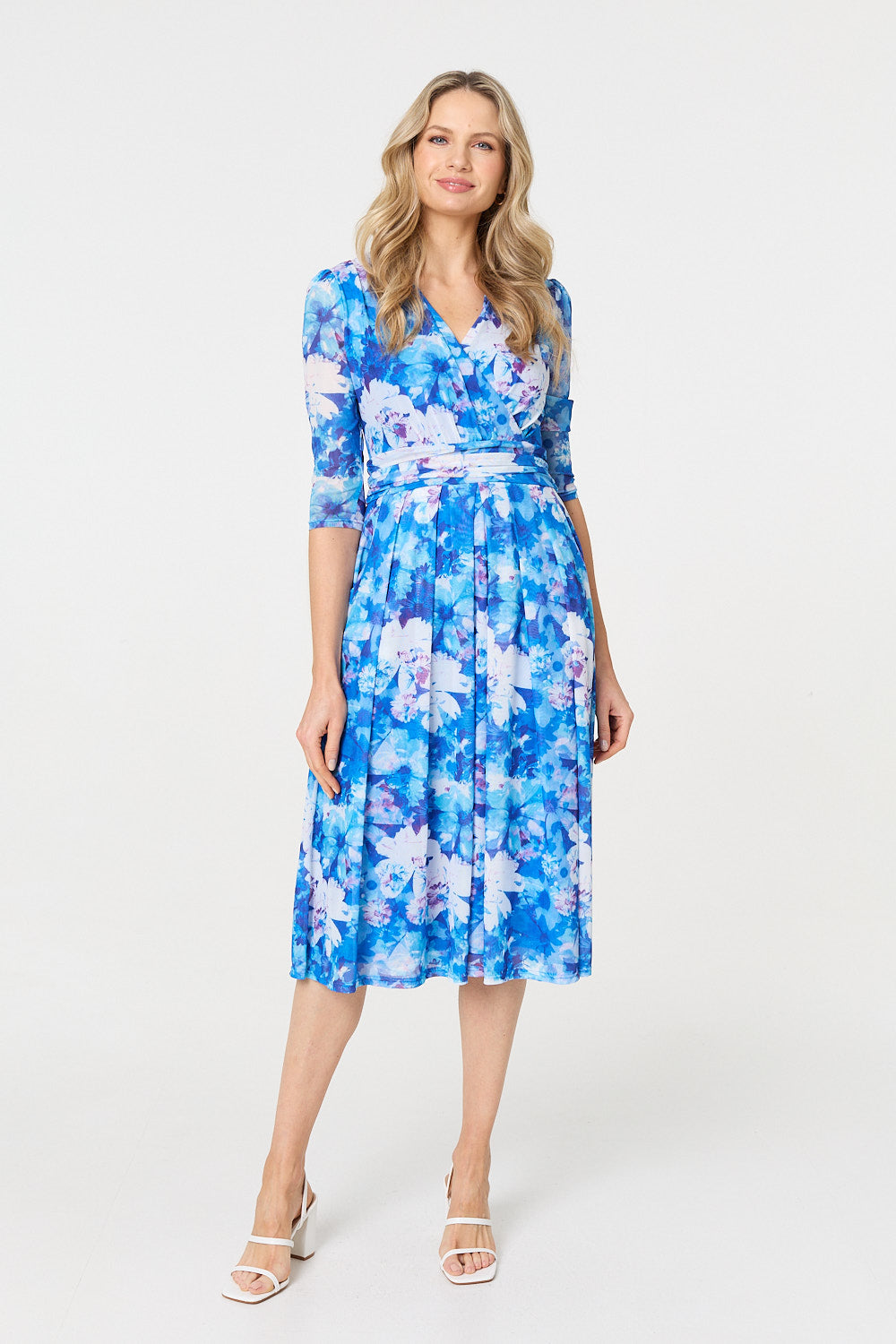 Floral Mesh Pleated Faux Wrap Midi Dress Front View