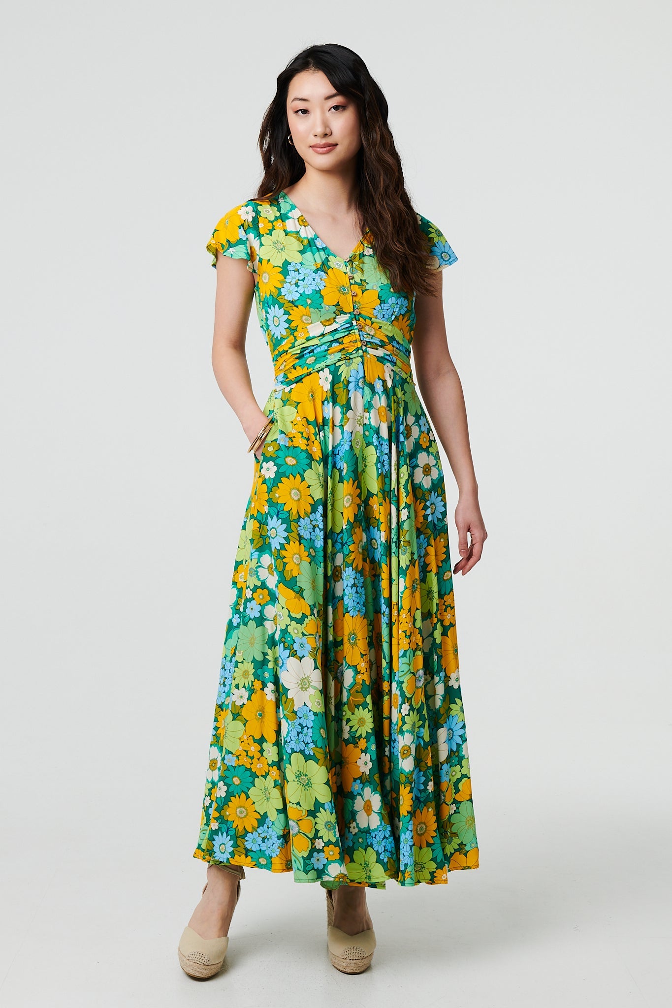 Floral Ruched Cap Sleeve Maxi Dress Front View 2