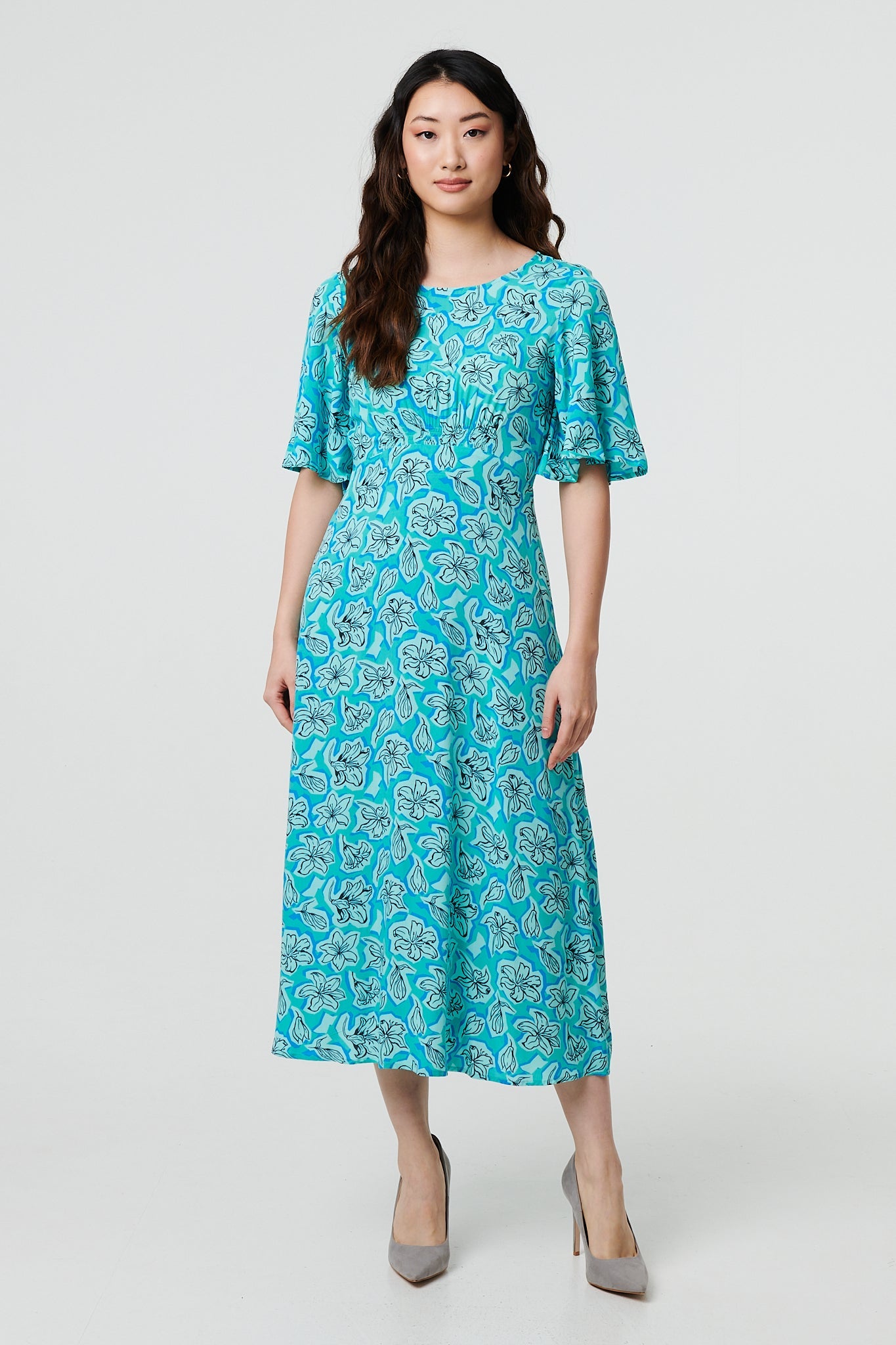 Floral 1/2 Flare Sleeve Midi Dress Side View 2