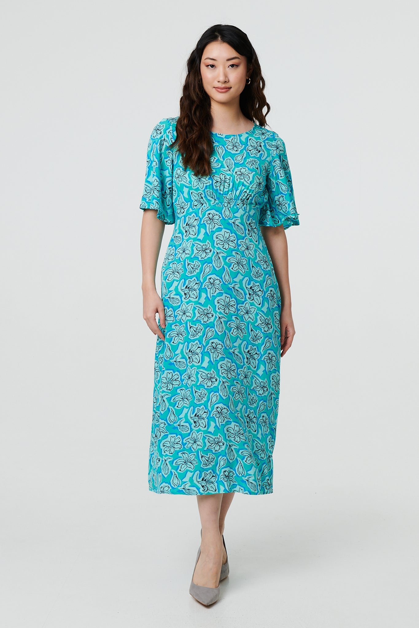 Floral 1/2 Flare Sleeve Midi Dress Front View