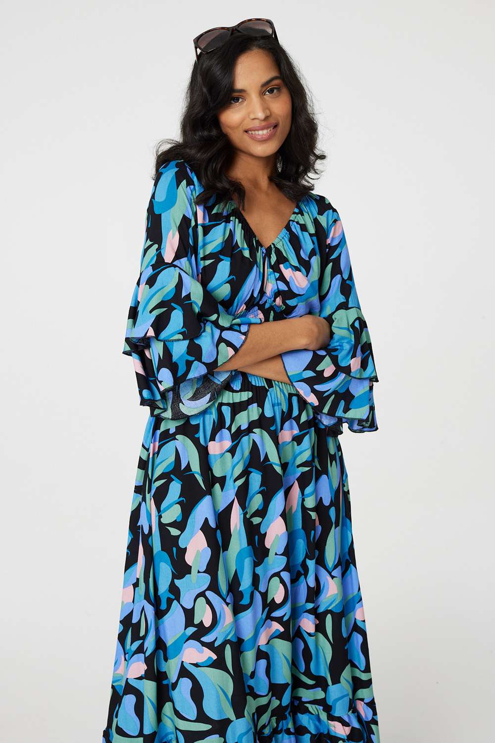 Printed Ruffle Hem Empire Maxi Dress Styled View