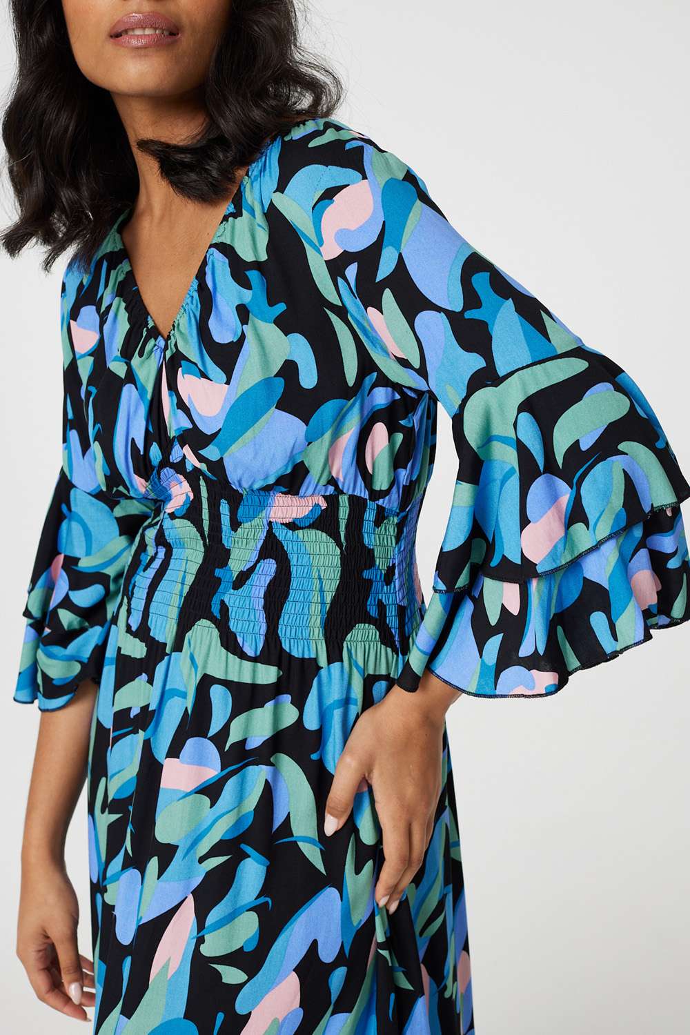 Printed Ruffle Hem Empire Maxi Dress Detail View