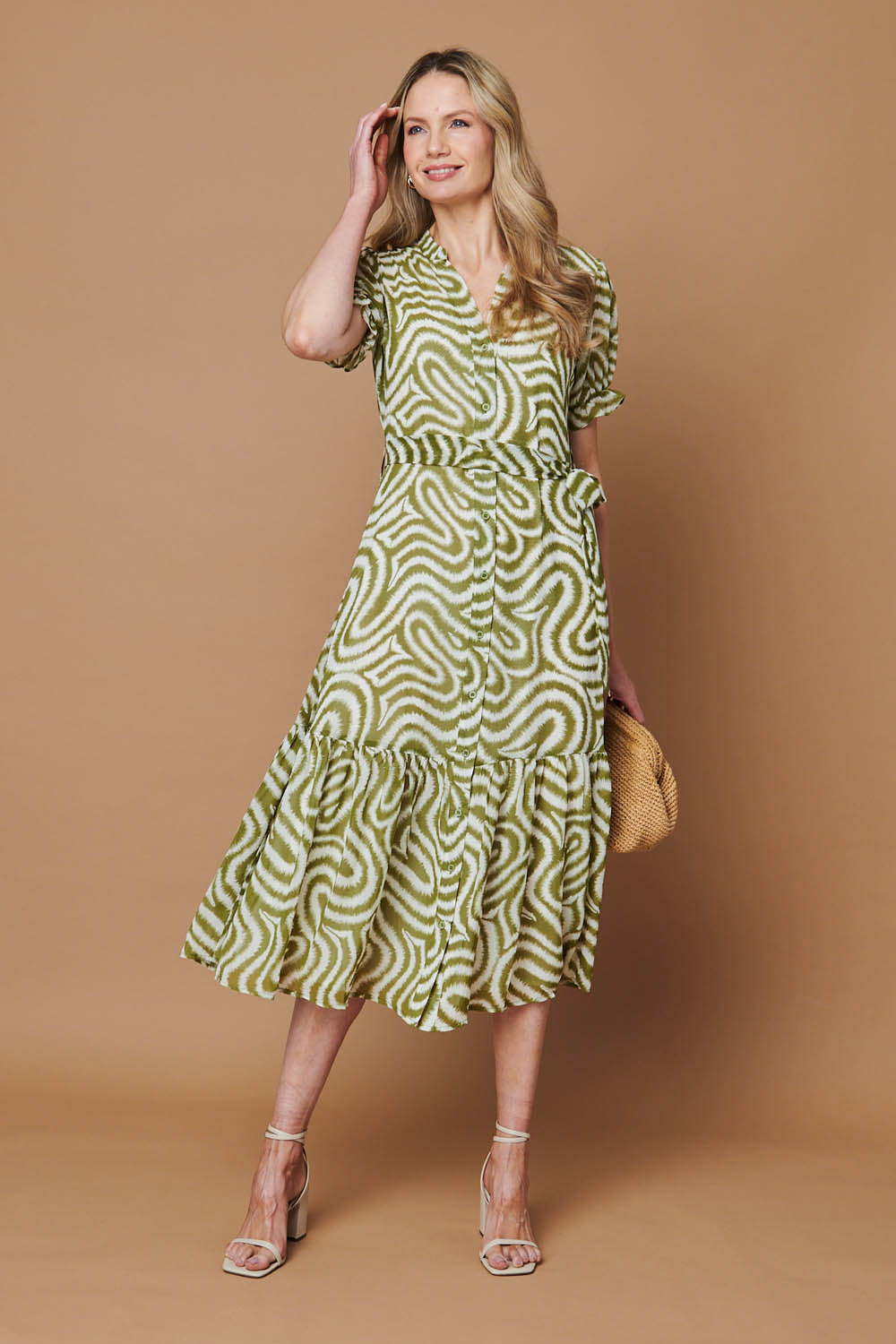 Printed Short Sleeve Midi Shirt Dress Front View