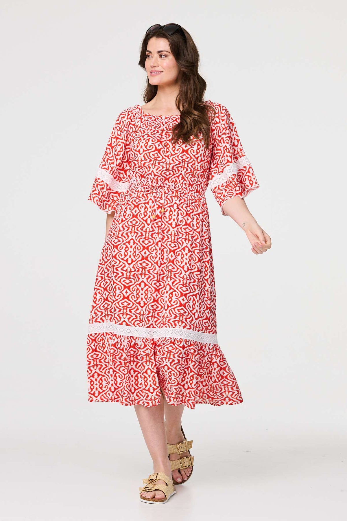 Printed Relaxed Lace Trim Midi Dress Front View