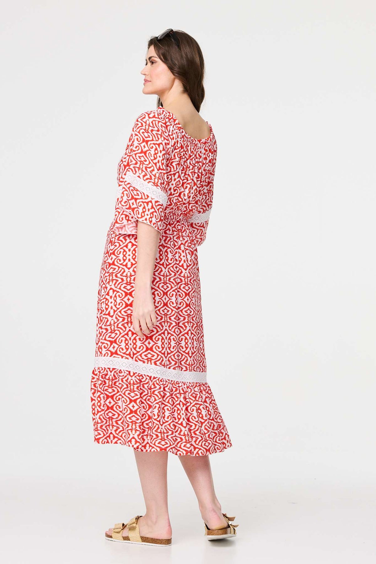 Printed Relaxed Lace Trim Midi Dress Side View