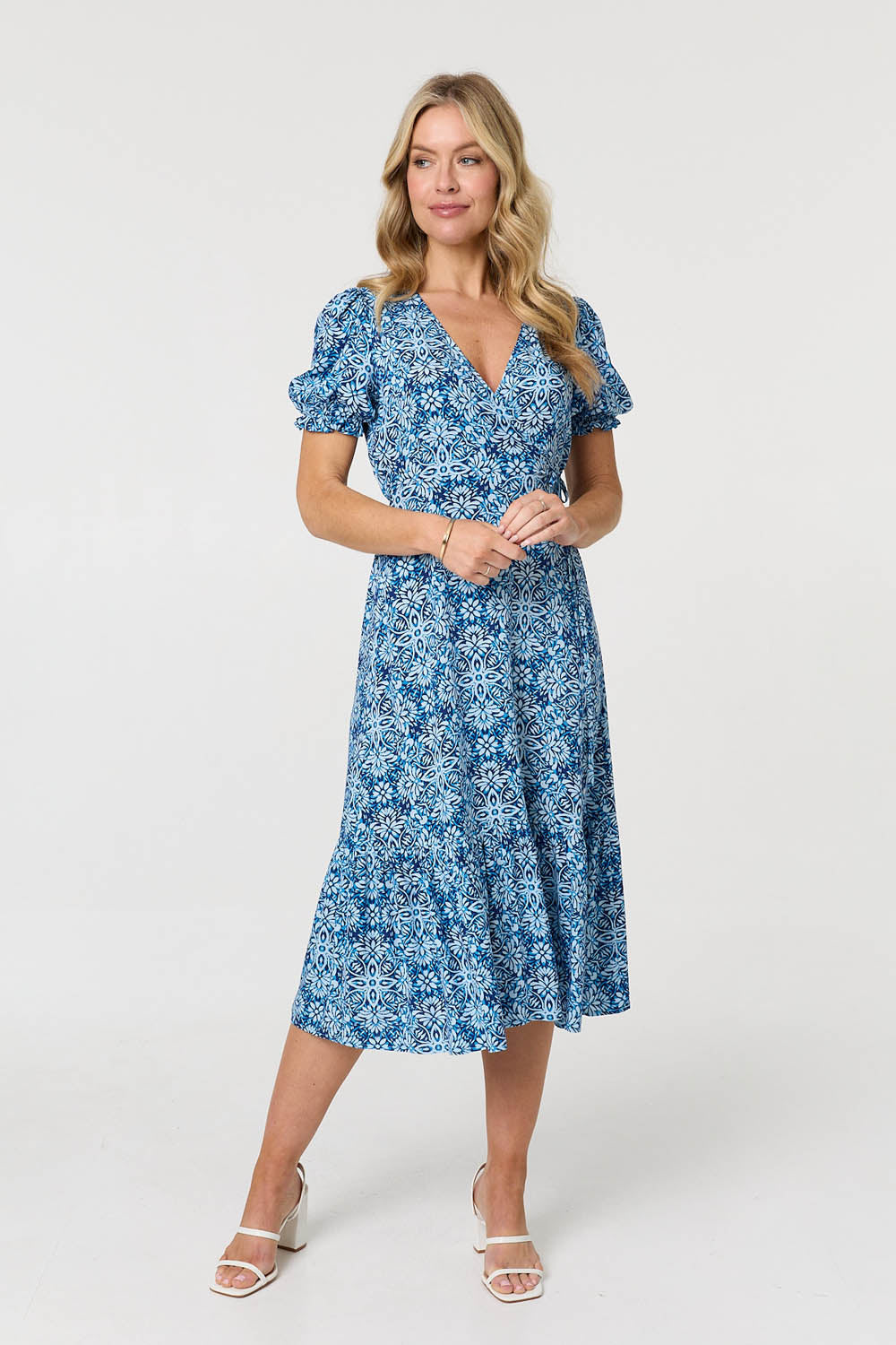 Printed Short Puff Sleeve Tie Midi Dress Front View