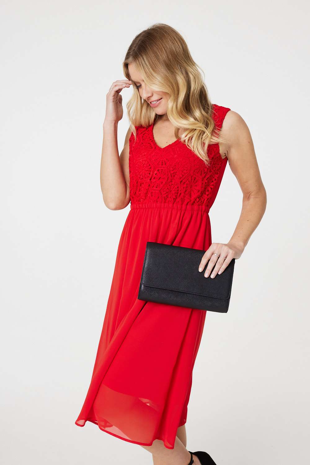 Crochet Detail Sleeveless Midi Dress Full Length View