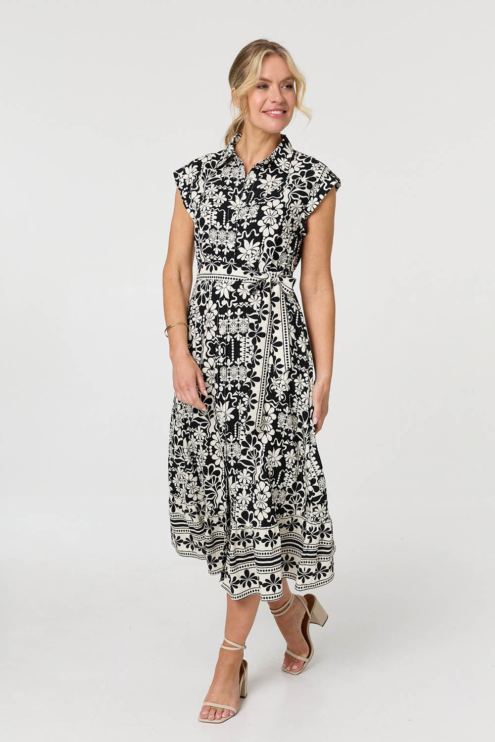 Floral Cap Sleeve Tie Midi Shirt Dress Front View