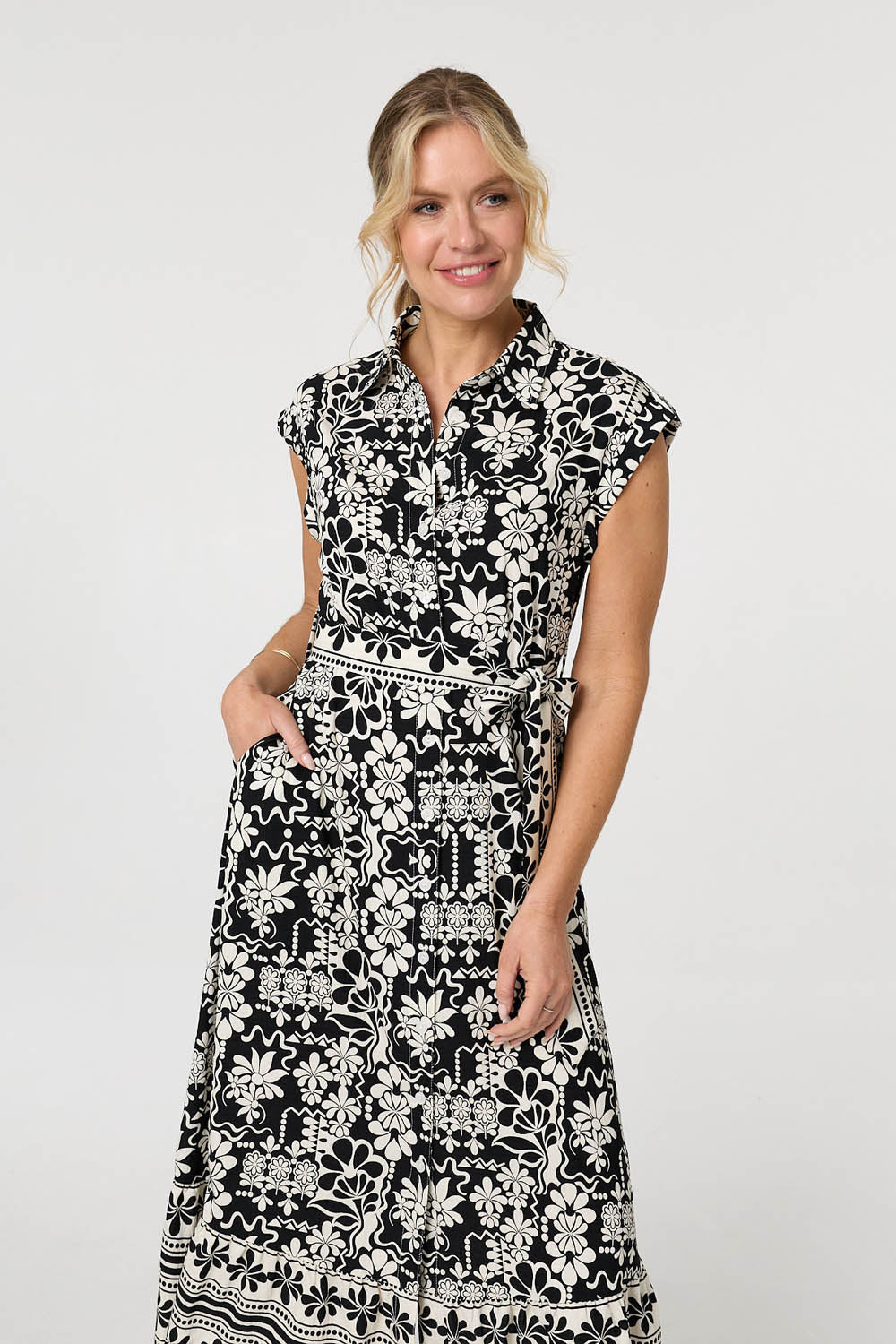 Floral Cap Sleeve Tie Midi Shirt Dress Back View