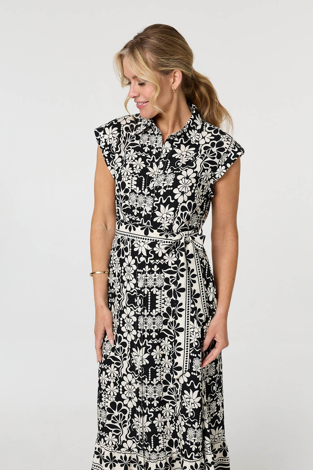 Floral Cap Sleeve Tie Midi Shirt Dress Styled View