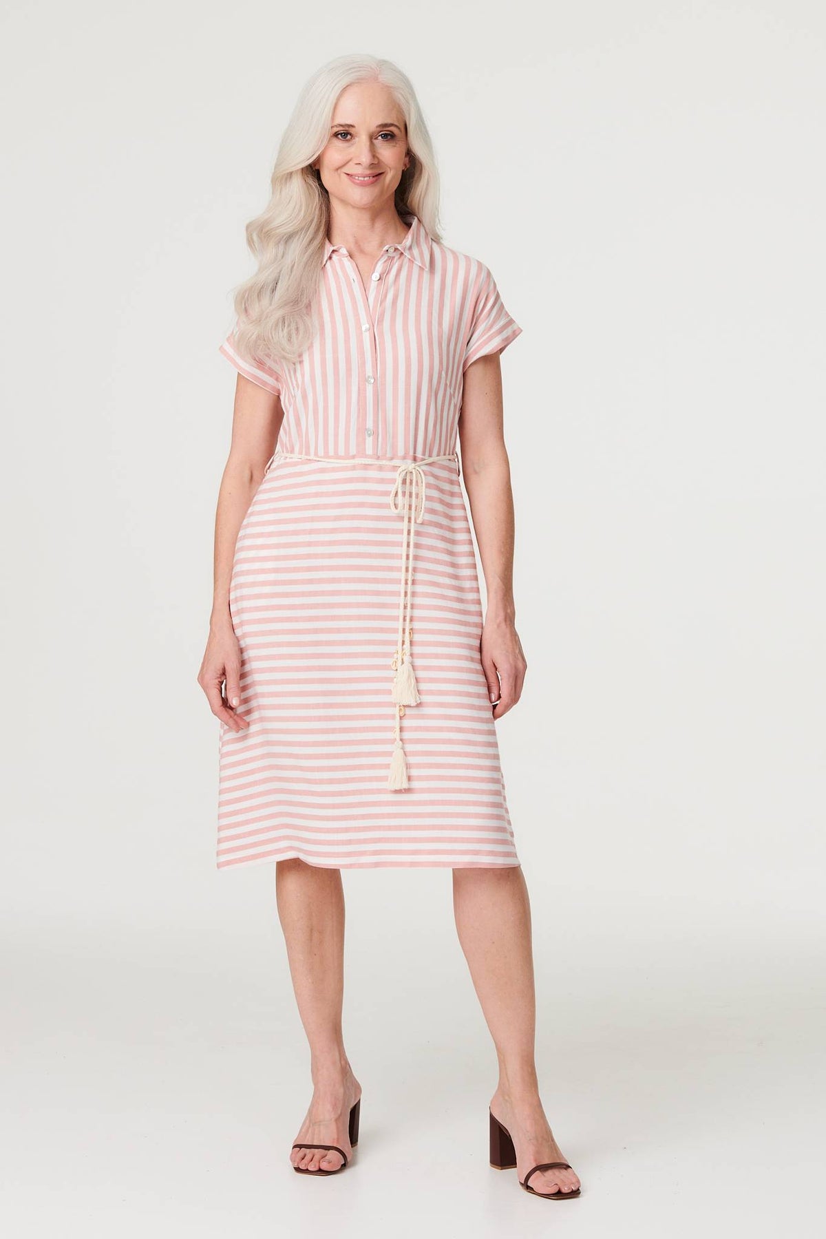 Striped Tie Waist Knee Length Dress Front View