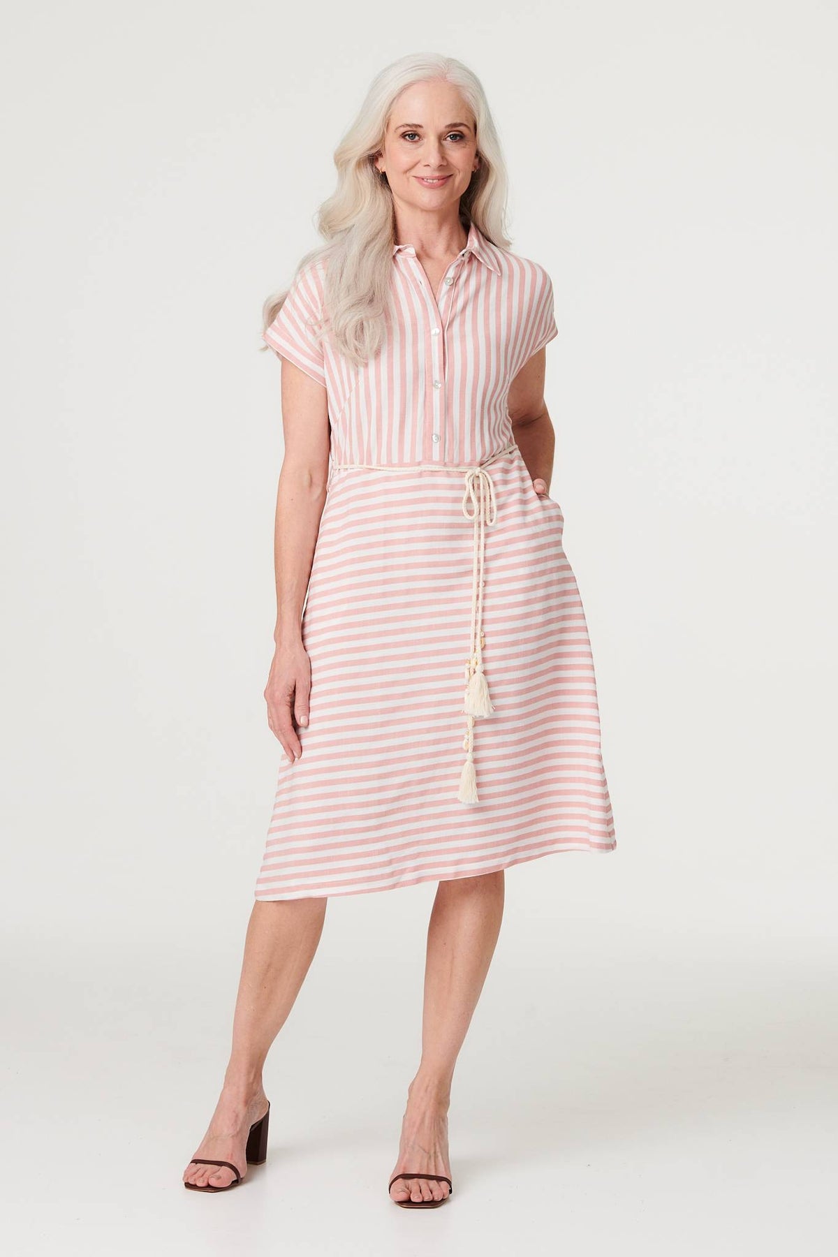 Striped Tie Waist Knee Length Dress Styled View