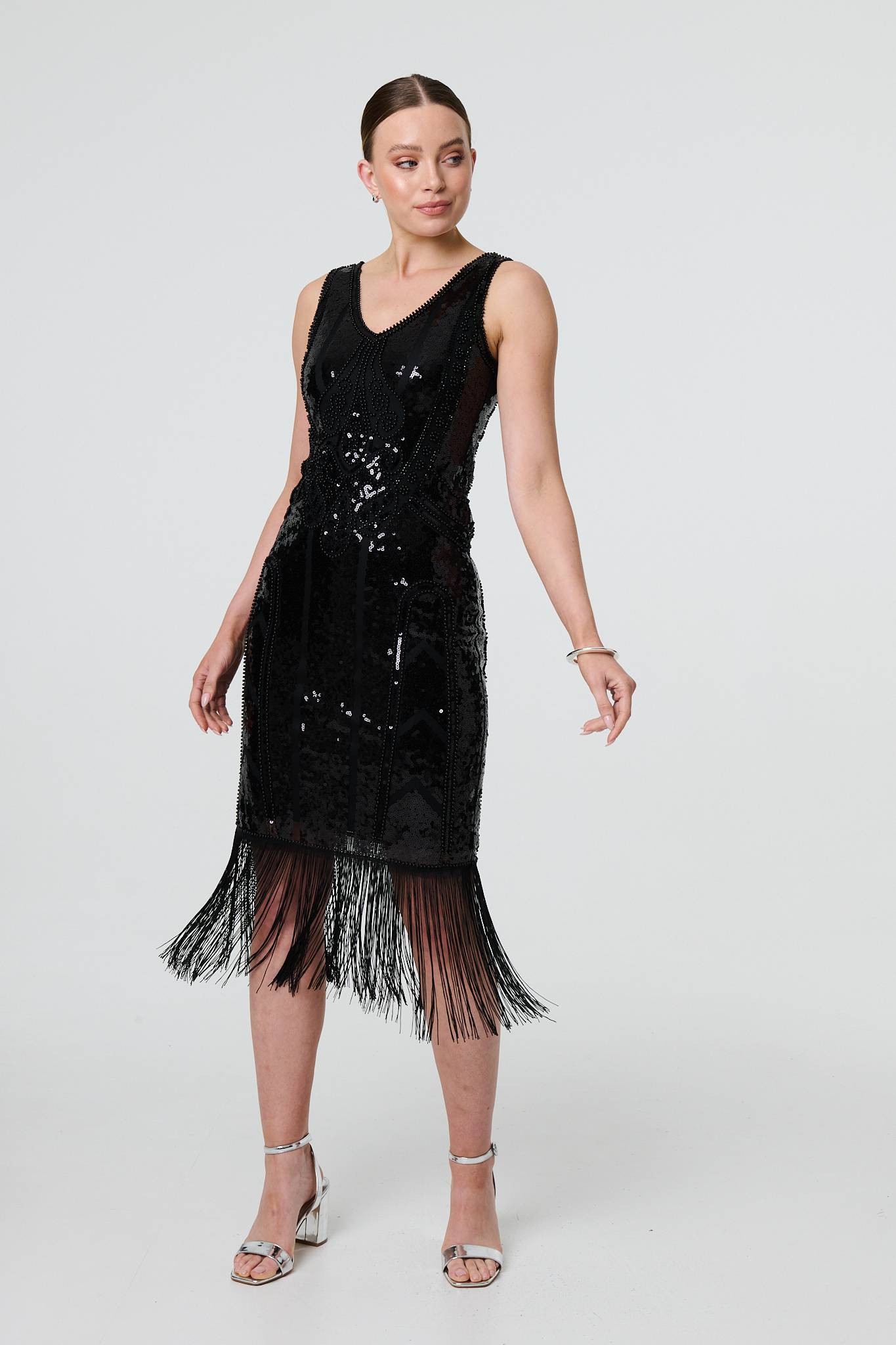 Sequin Embellished Tassel Trim Midi Dress Back View 2