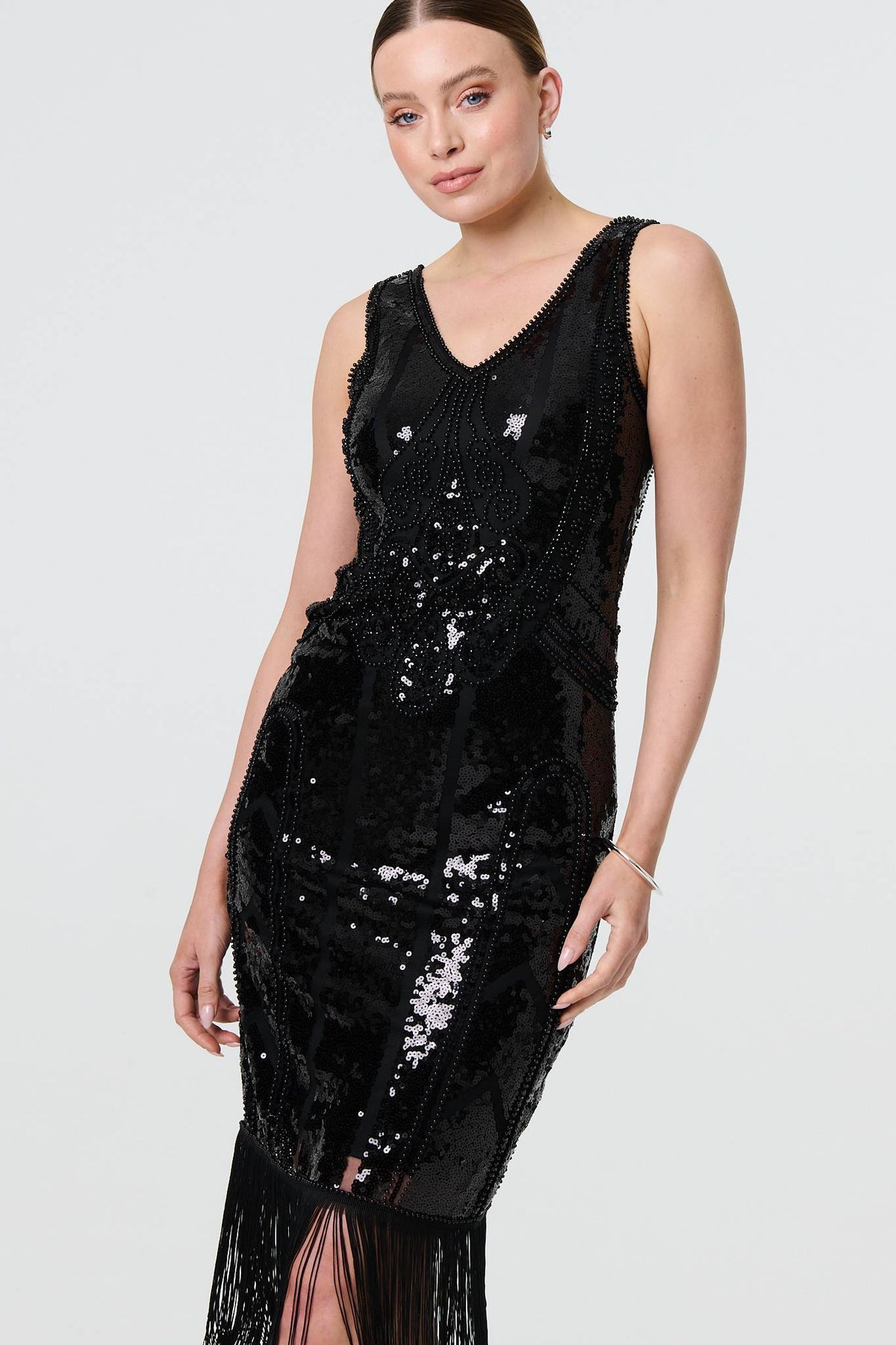 Sequin Embellished Tassel Trim Midi Dress Front View 2