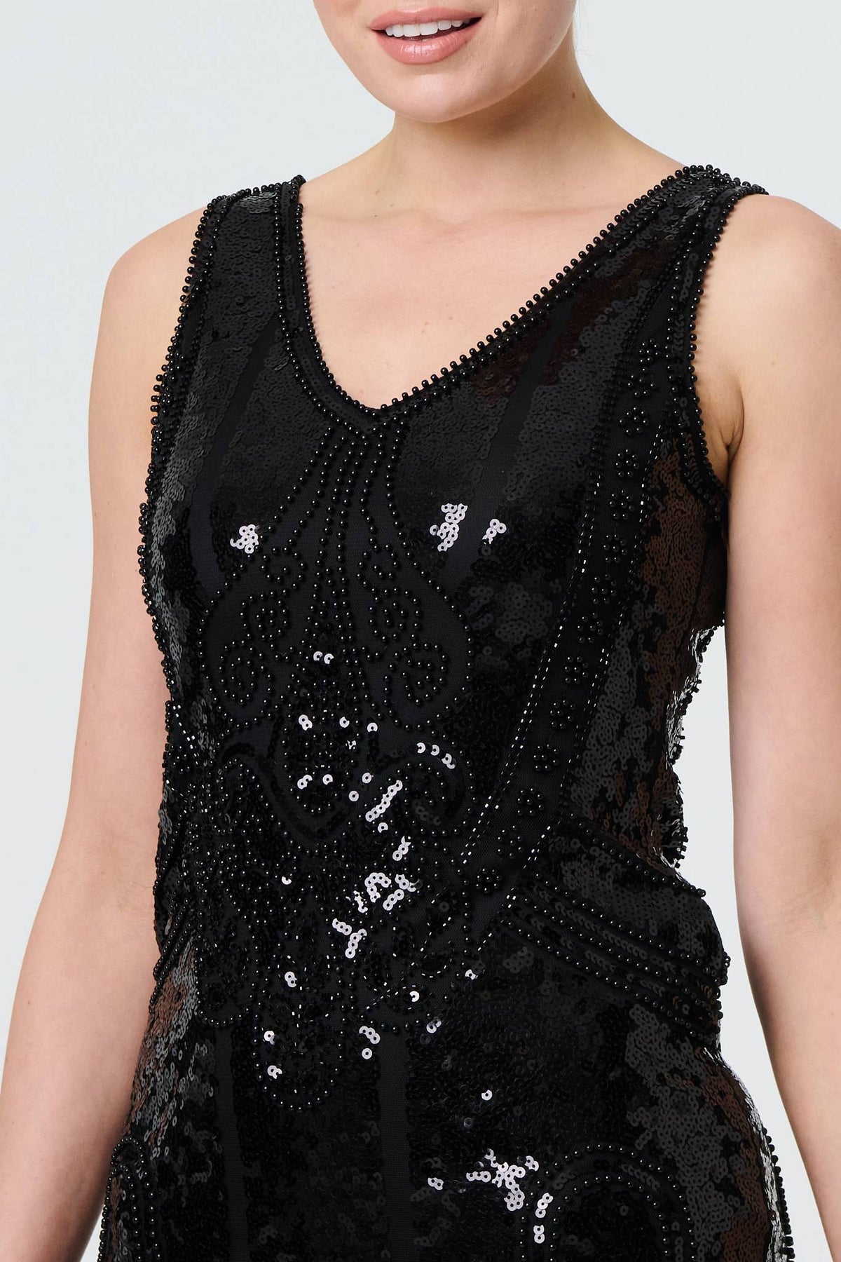 Sequin Embellished Tassel Trim Midi Dress Full Length View