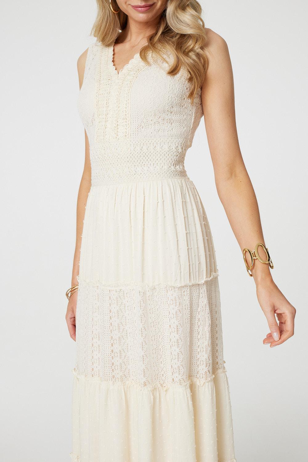 Lace Detail Sleeveless Tiered Maxi Dress Full Length View