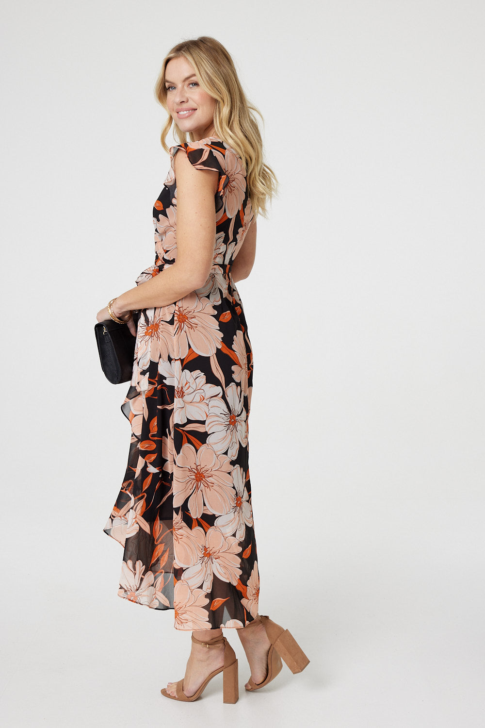 Floral Frill Asymmetric Wrap Midi Dress Side View