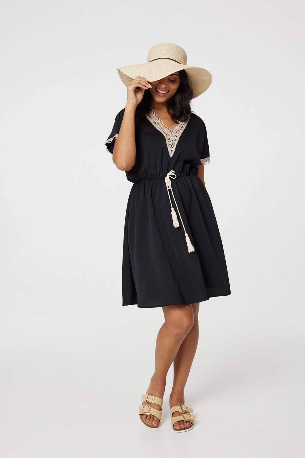 Lace Tassel Waist Tie Short Dress Full Length View